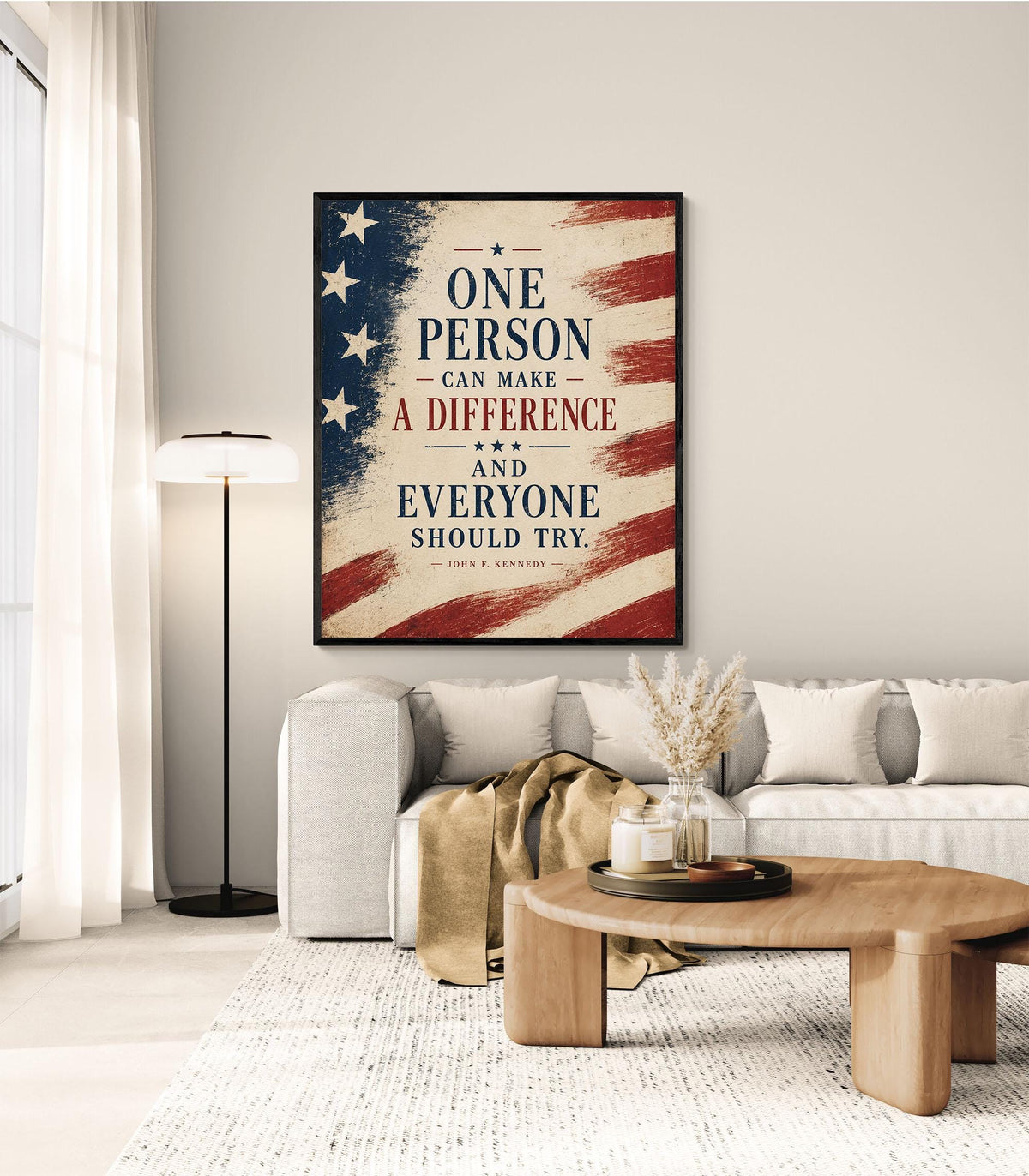 One Person Can Make A Difference Wall Art Print | John F Kennedy Quote | JFK Patriotic USA | Inspirational Home Decor | History Flag Poster