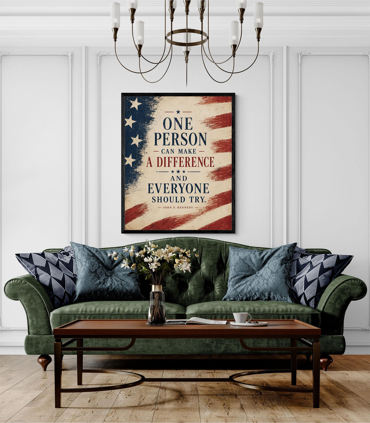 One Person Can Make A Difference Wall Art Print | John F Kennedy Quote | JFK Patriotic USA | Inspirational Home Decor | History Flag Poster