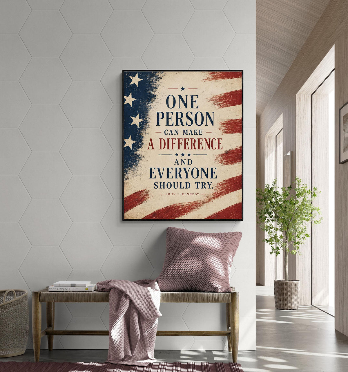 One Person Can Make A Difference Wall Art Print | John F Kennedy Quote | JFK Patriotic USA | Inspirational Home Decor | History Flag Poster