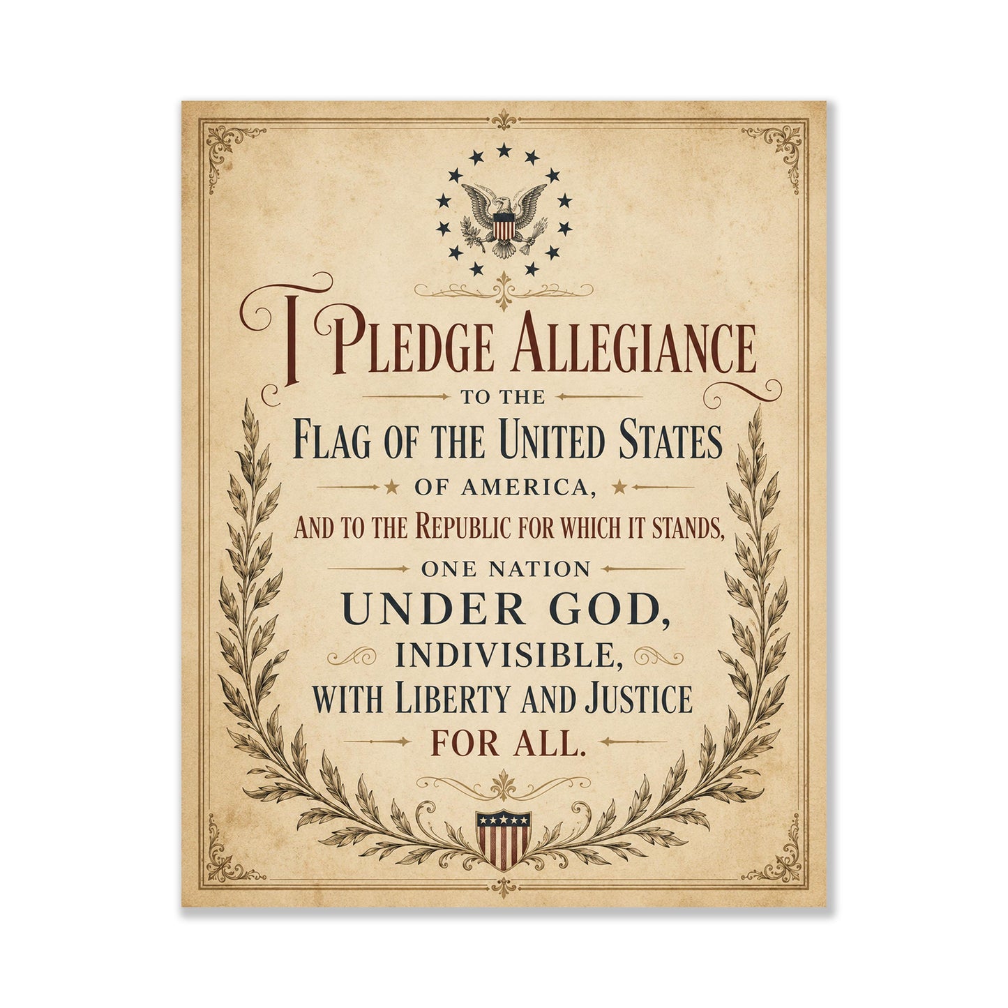 Pledge of Allegiance Art Print | Vintage Americana Independence Day Home Decor | Constitution | Rustic 4th of July | School Artwork