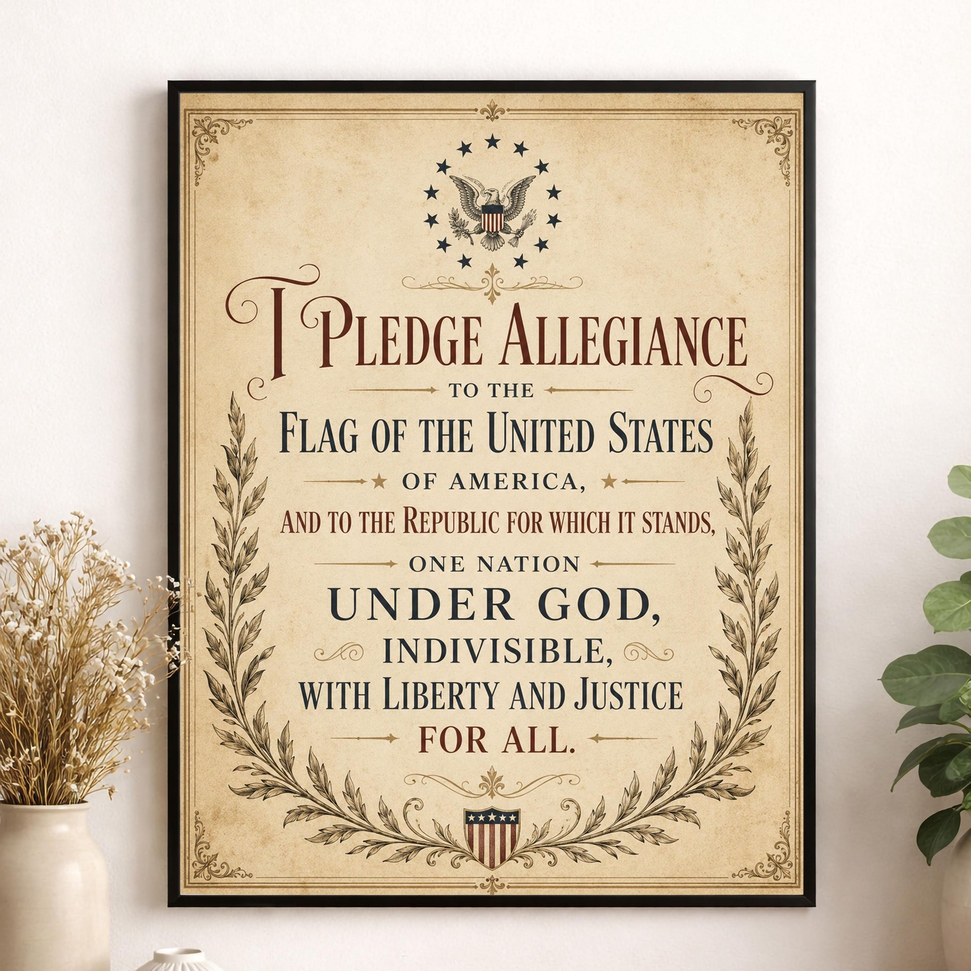 Pledge of Allegiance Art Print | Vintage Americana Independence Day Home Decor | Constitution | Rustic 4th of July | School Artwork