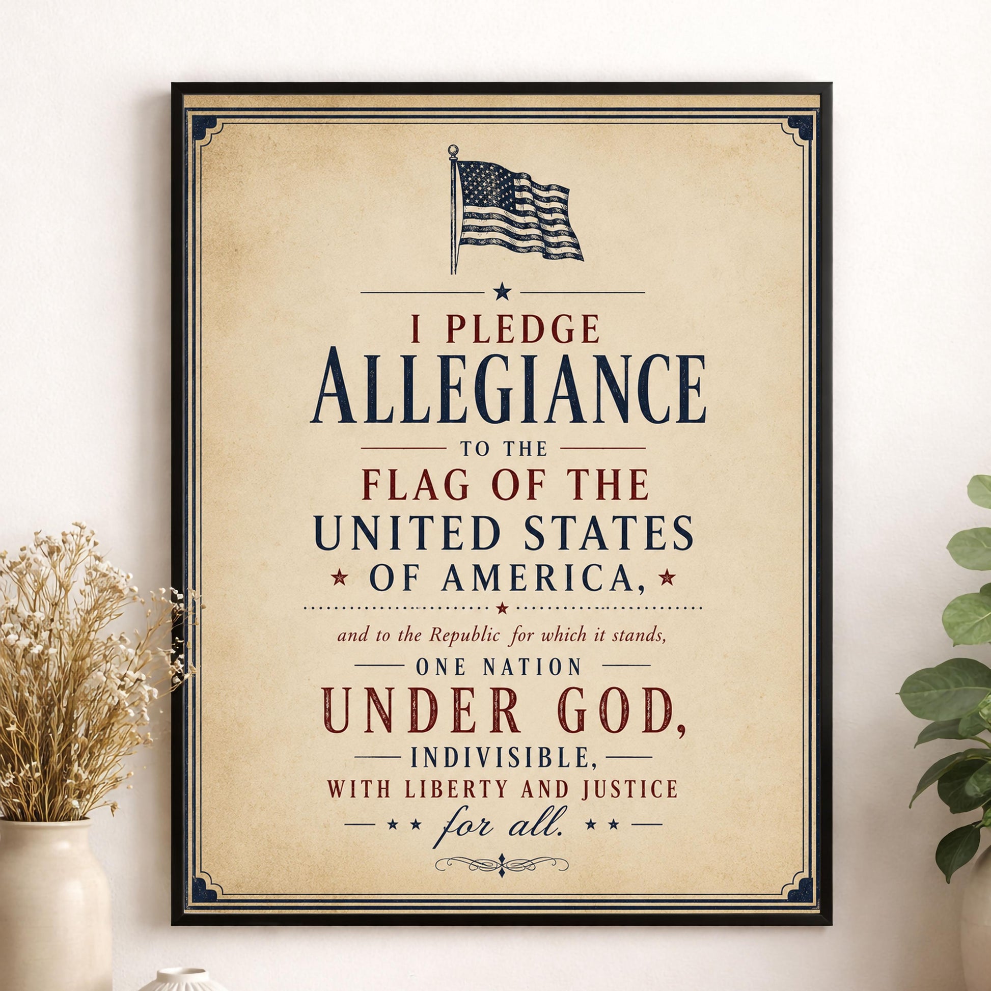 Pledge of Allegiance Wall Art Print | Patriotic Classroom Decor | Vintage Americana Typography | American History Home School Artwork