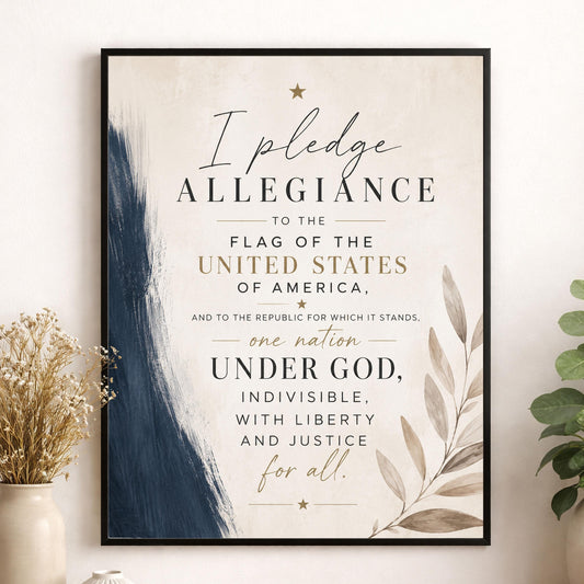 Pledge of Allegiance Wall Art Print | Neutral Patriotic Decor | Modern Americana Typography | Faith and Liberty Home Decor