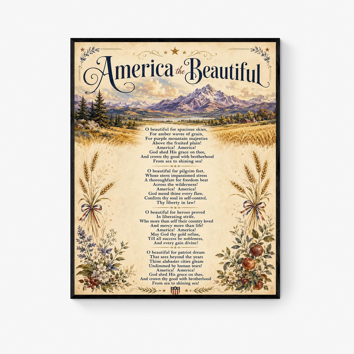 America the Beautiful Wall Art Print, Patriotic Poem, Vintage Americana Landscape Artwork for Study or Living Room, Lyrics Home Decor