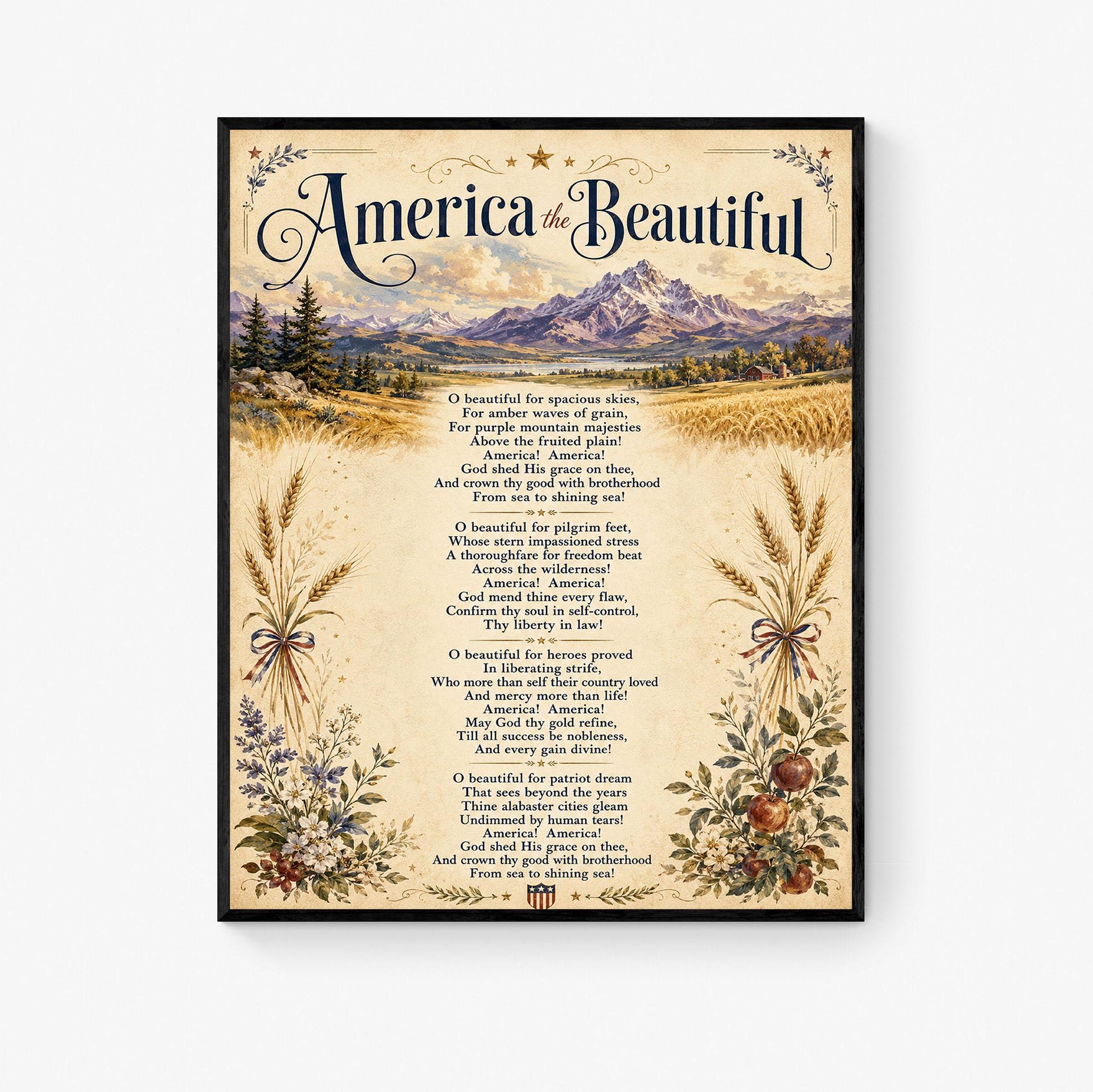 America the Beautiful Wall Art Print, Patriotic Poem, Vintage Americana Landscape Artwork for Study or Living Room, Lyrics Home Decor