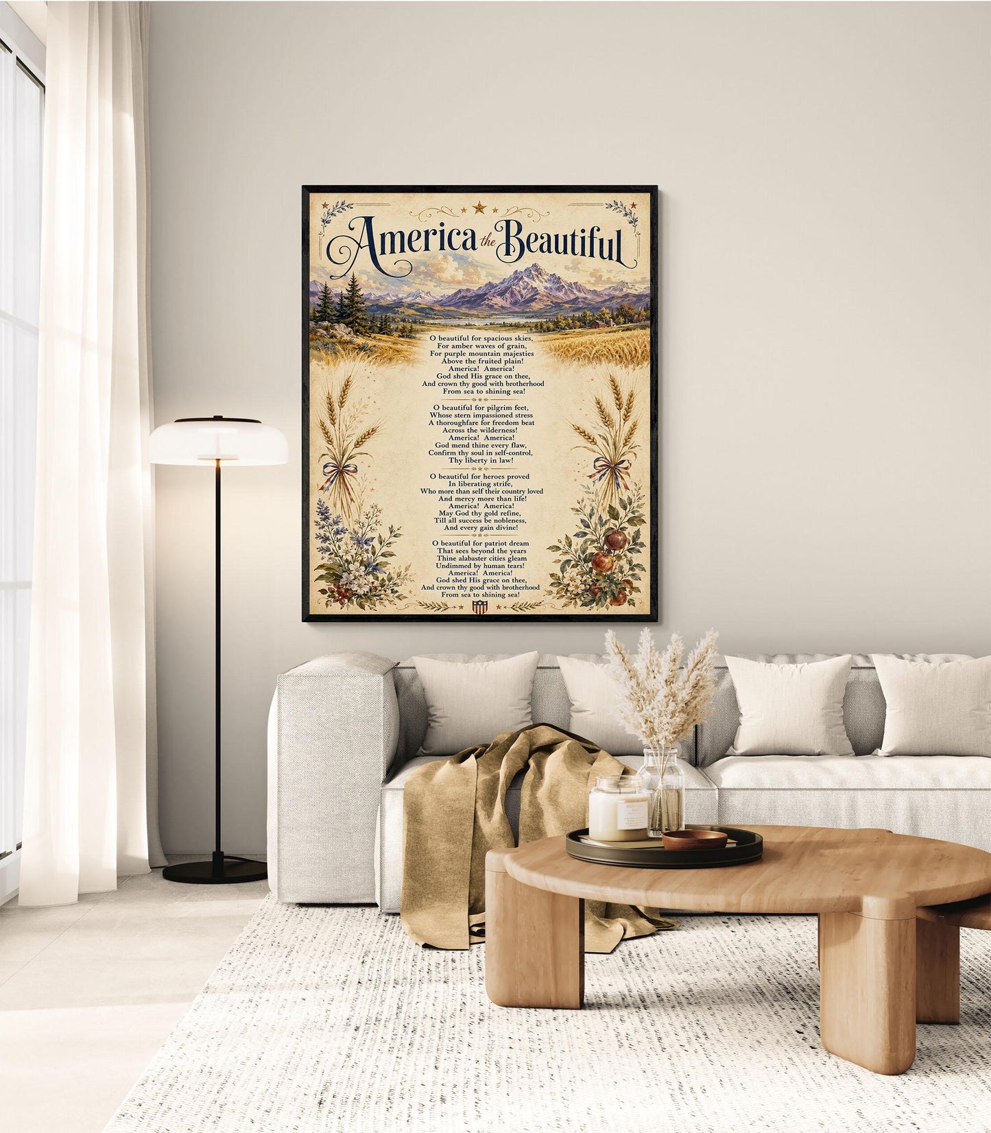 America the Beautiful Wall Art Print, Patriotic Poem, Vintage Americana Landscape Artwork for Study or Living Room, Lyrics Home Decor