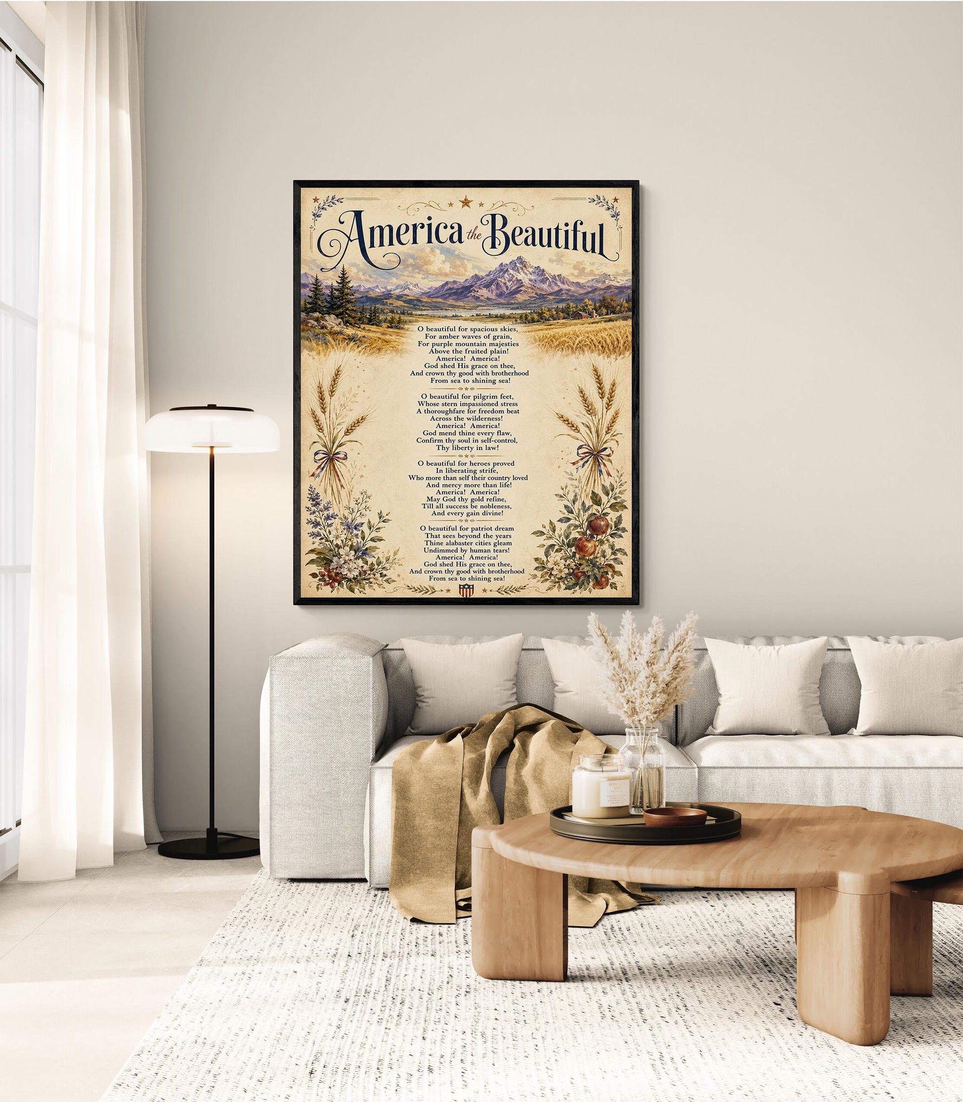 America the Beautiful Wall Art Print, Patriotic Poem, Vintage Americana Landscape Artwork for Study or Living Room, Lyrics Home Decor