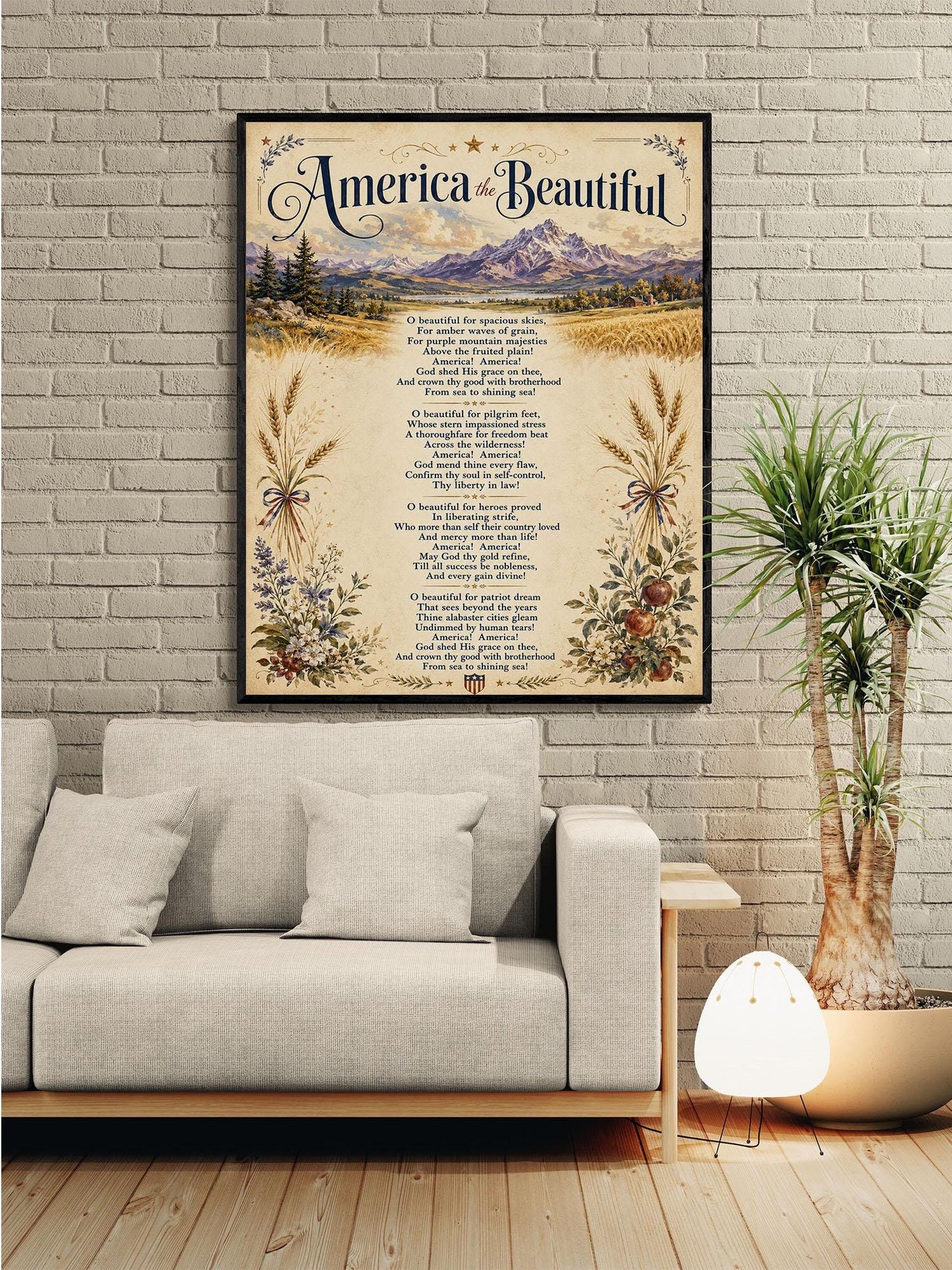 America the Beautiful Wall Art Print, Patriotic Poem, Vintage Americana Landscape Artwork for Study or Living Room, Lyrics Home Decor