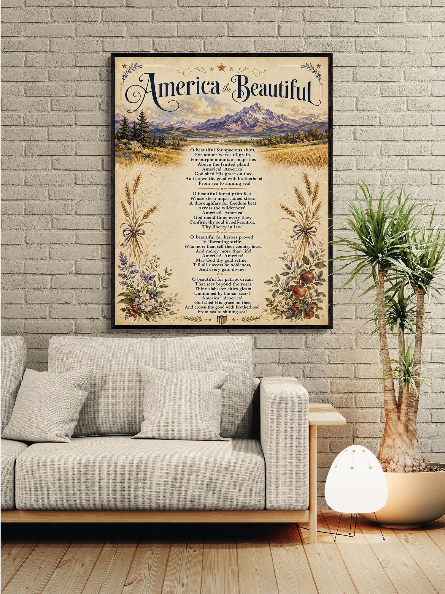 America the Beautiful Wall Art Print, Patriotic Poem, Vintage Americana Landscape Artwork for Study or Living Room, Lyrics Home Decor