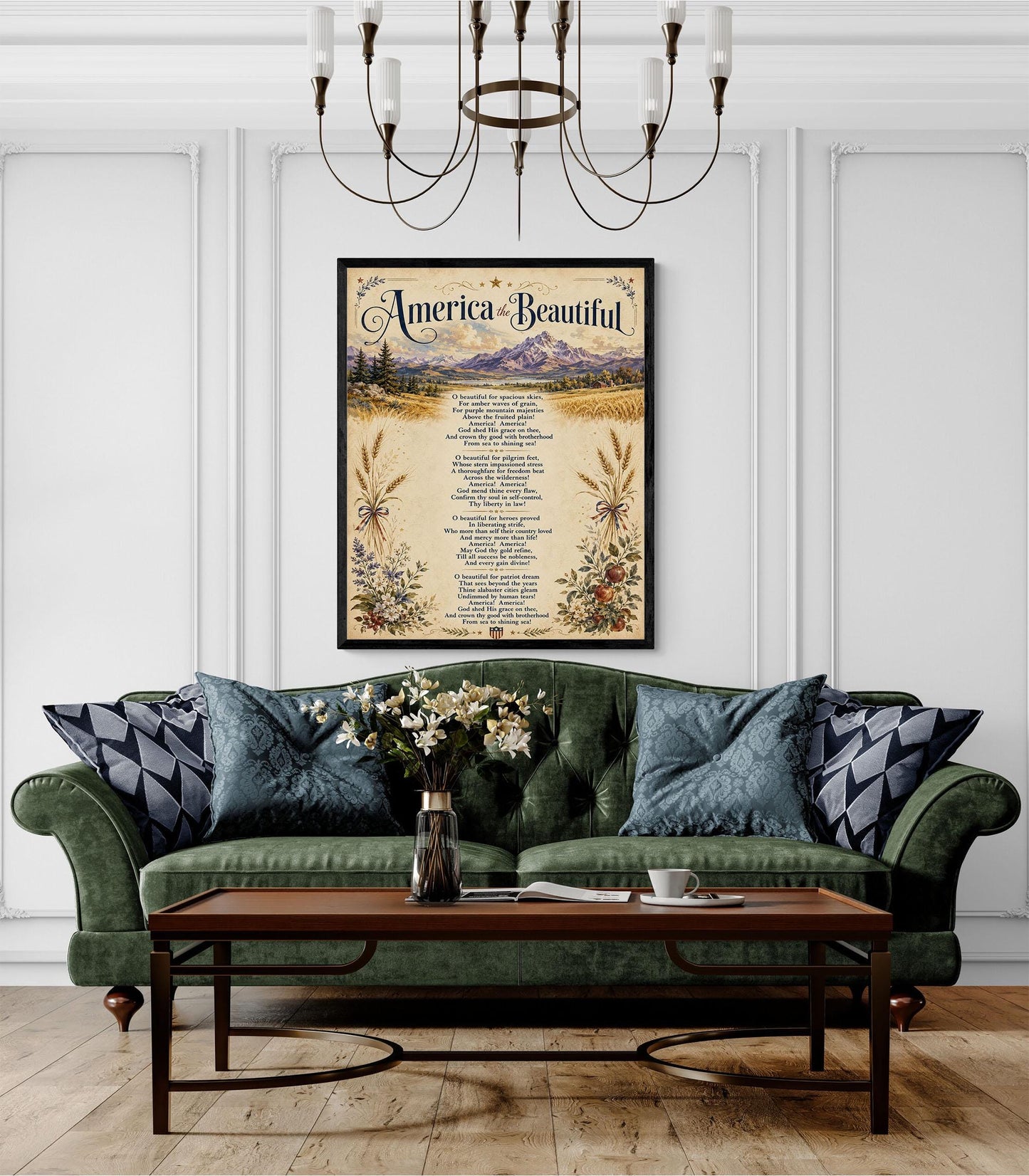 America the Beautiful Wall Art Print, Patriotic Poem, Vintage Americana Landscape Artwork for Study or Living Room, Lyrics Home Decor