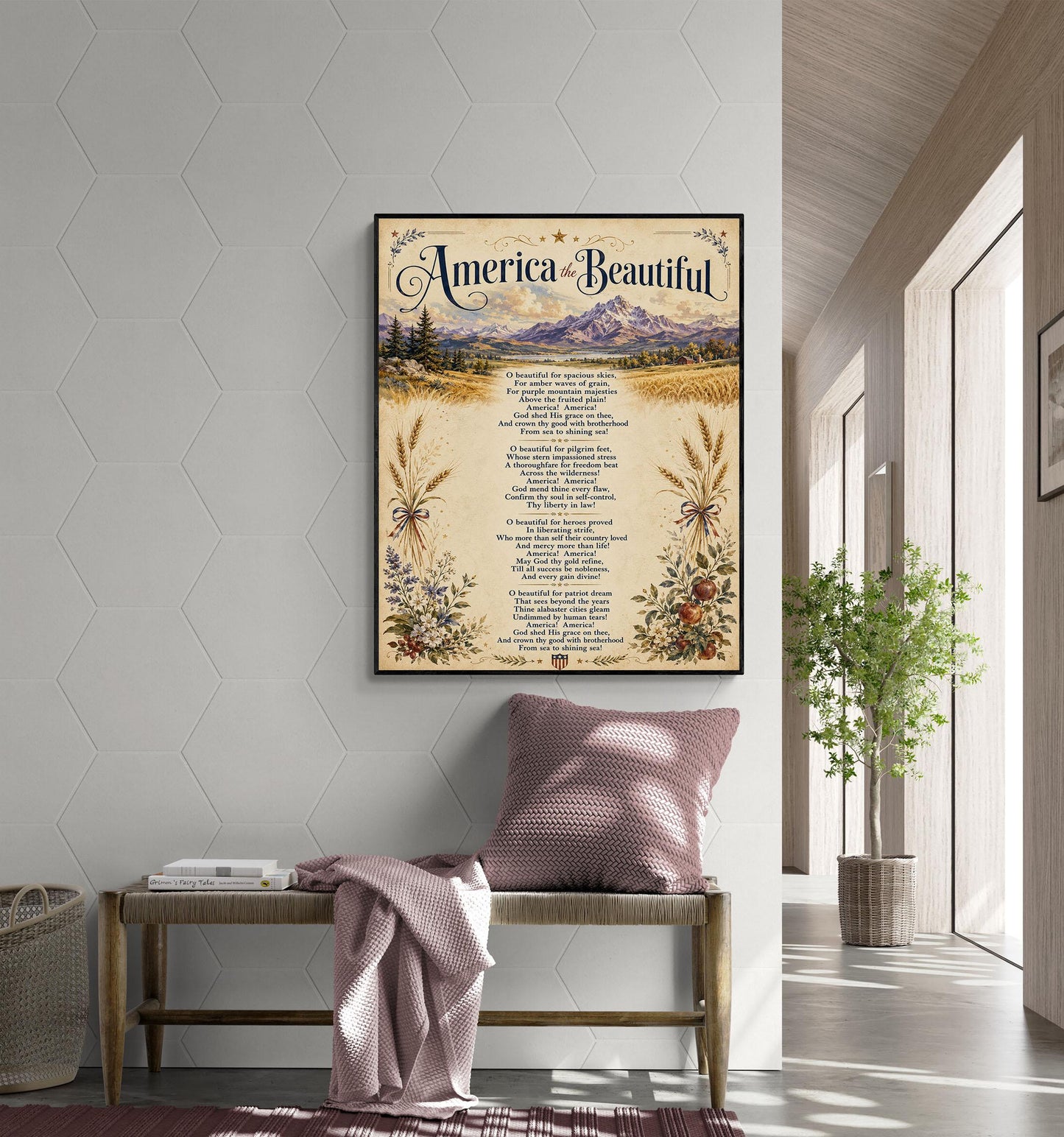 America the Beautiful Wall Art Print, Patriotic Poem, Vintage Americana Landscape Artwork for Study or Living Room, Lyrics Home Decor