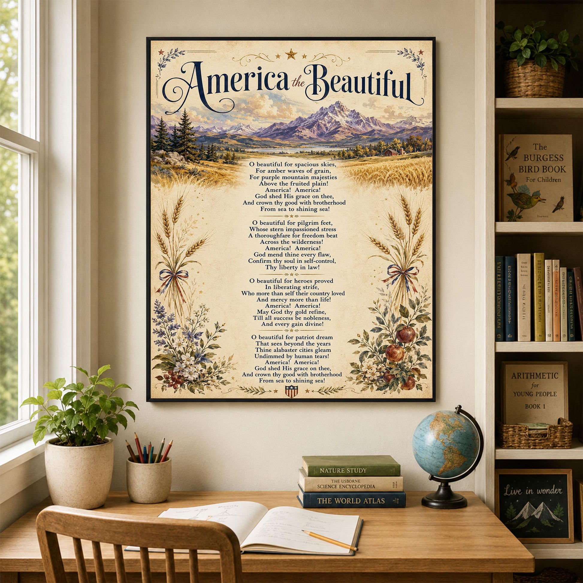 America the Beautiful Wall Art Print, Patriotic Poem, Vintage Americana Landscape Artwork for Study or Living Room, Lyrics Home Decor