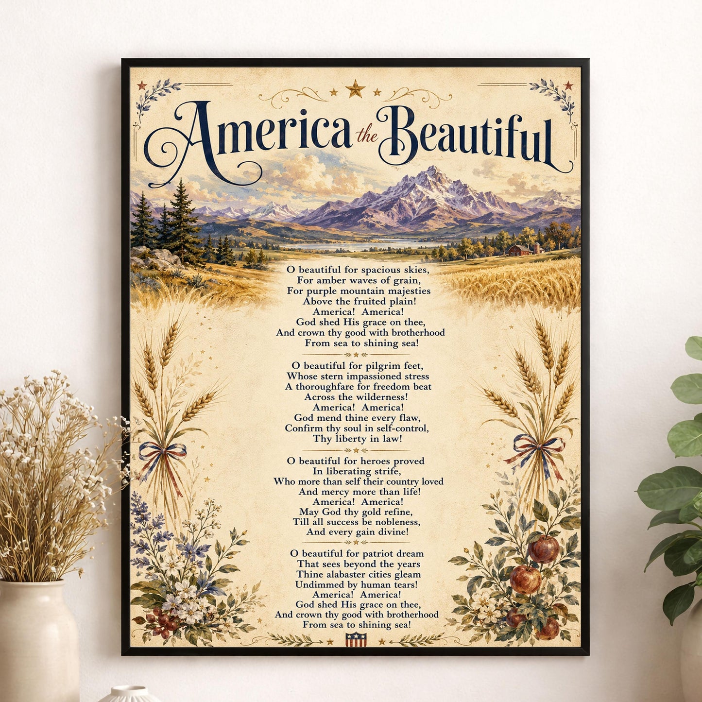 America the Beautiful Wall Art Print, Patriotic Poem, Vintage Americana Landscape Artwork for Study or Living Room, Lyrics Home Decor