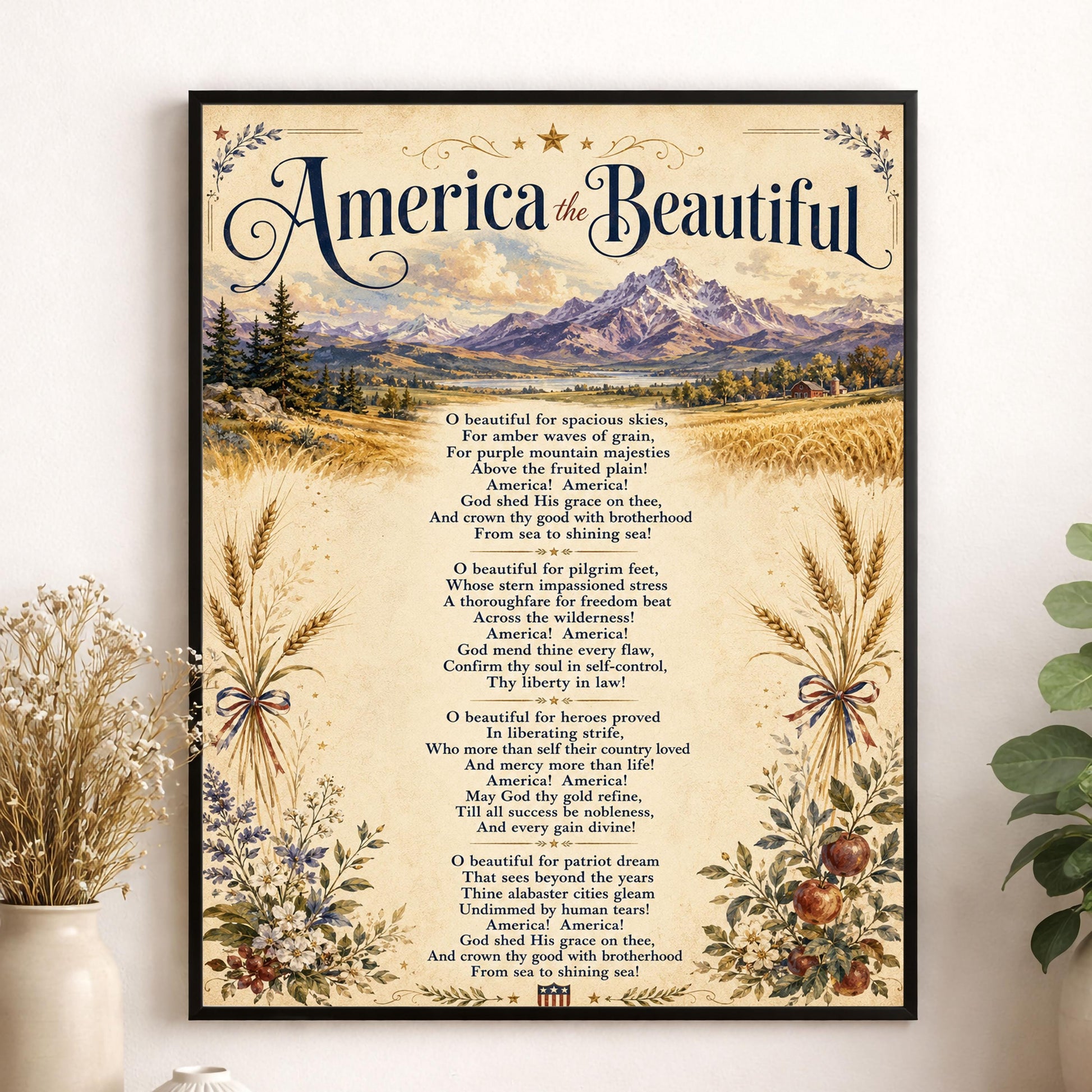 America the Beautiful Wall Art Print, Patriotic Poem, Vintage Americana Landscape Artwork for Study or Living Room, Lyrics Home Decor