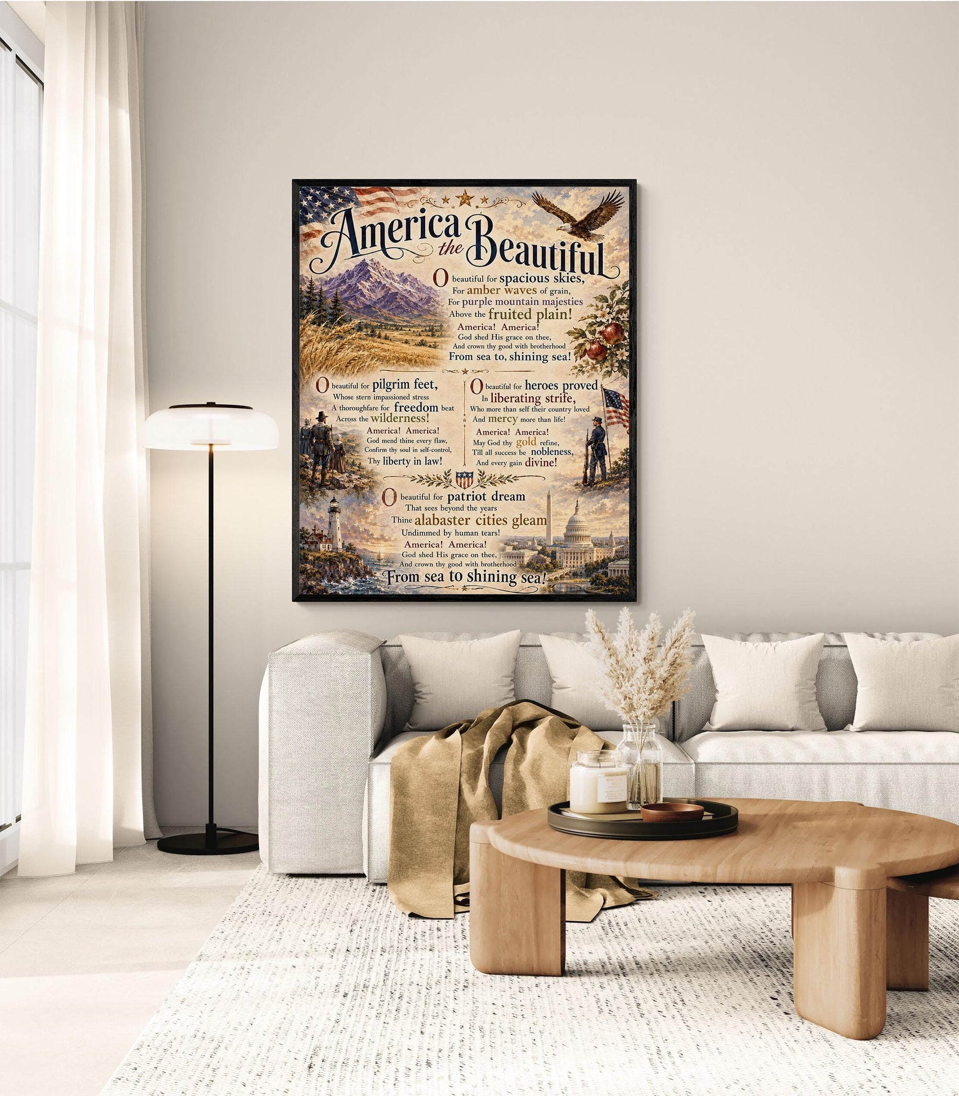 America the Beautiful Art Print, Patriotic Wall Art with Vintage Americana Poem, Historic Landscape Print