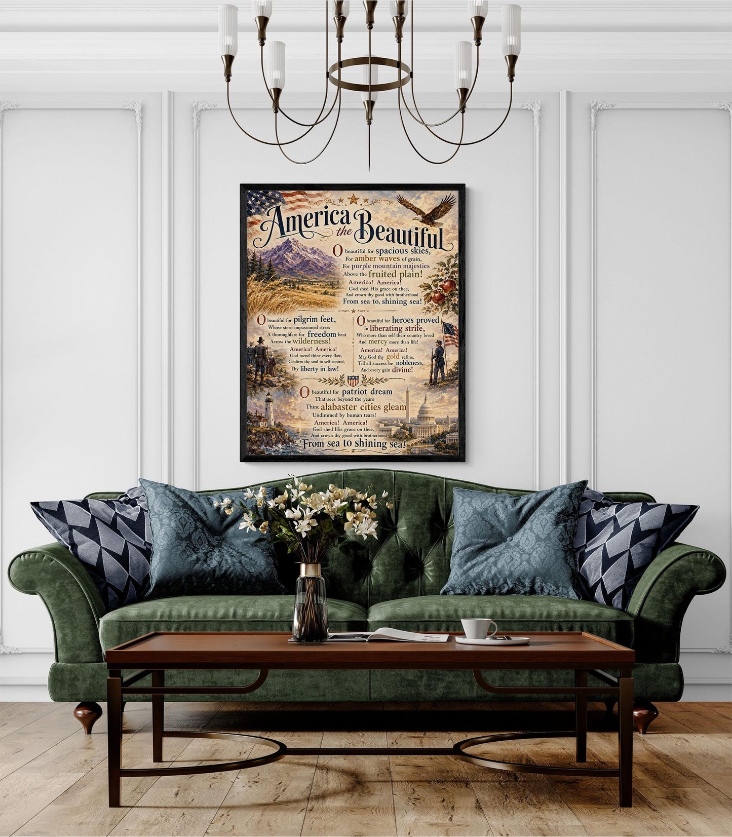 America the Beautiful Art Print, Patriotic Wall Art with Vintage Americana Poem, Historic Landscape Print