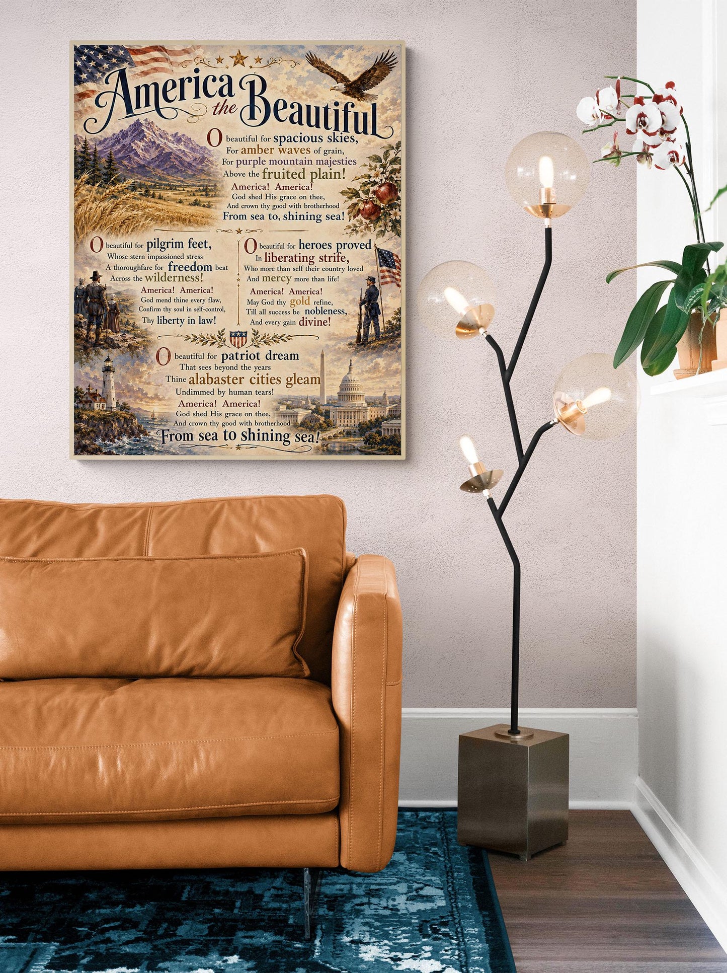 America the Beautiful Art Print, Patriotic Wall Art with Vintage Americana Poem, Historic Landscape Print