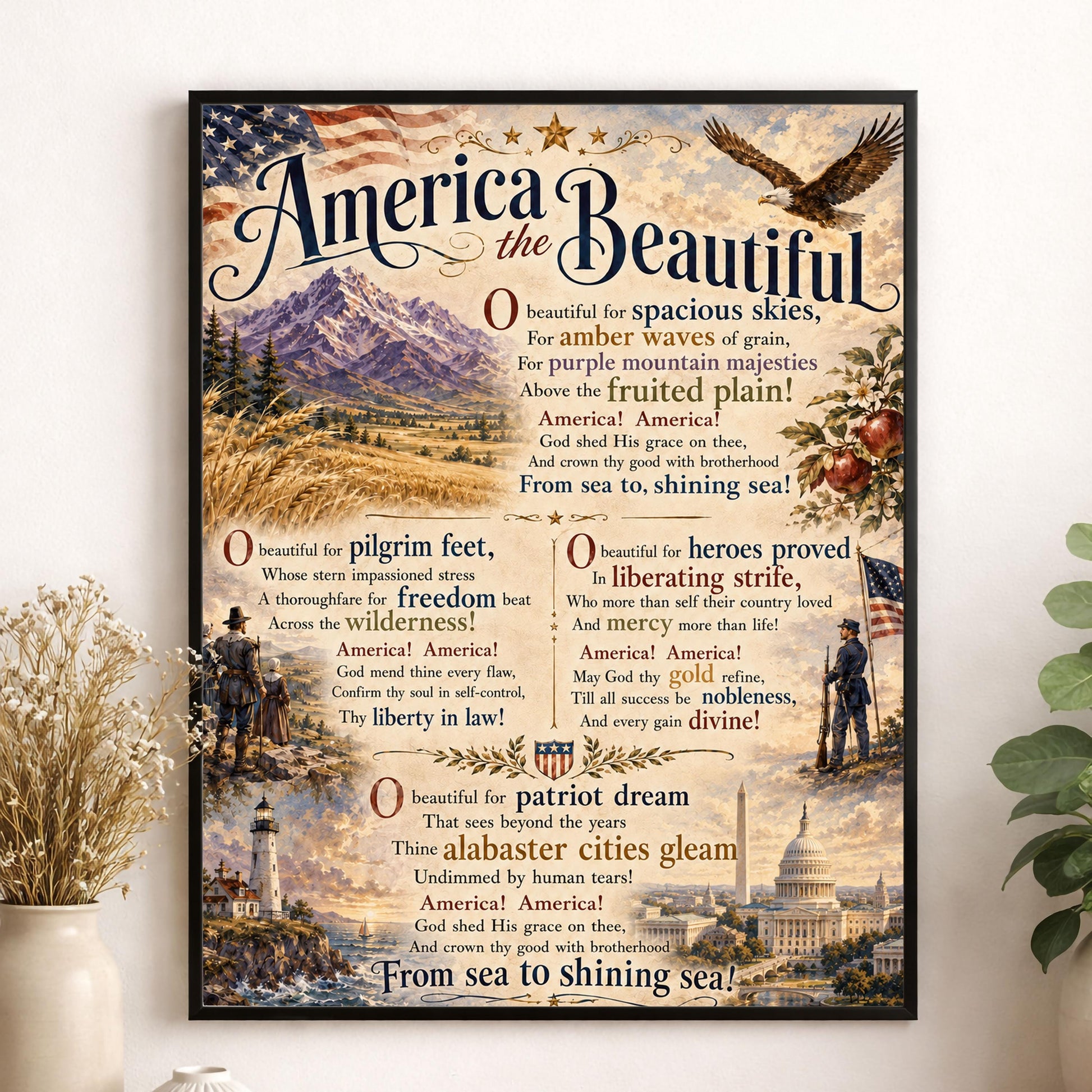 America the Beautiful Art Print, Patriotic Wall Art with Vintage Americana Poem, Historic Landscape Print