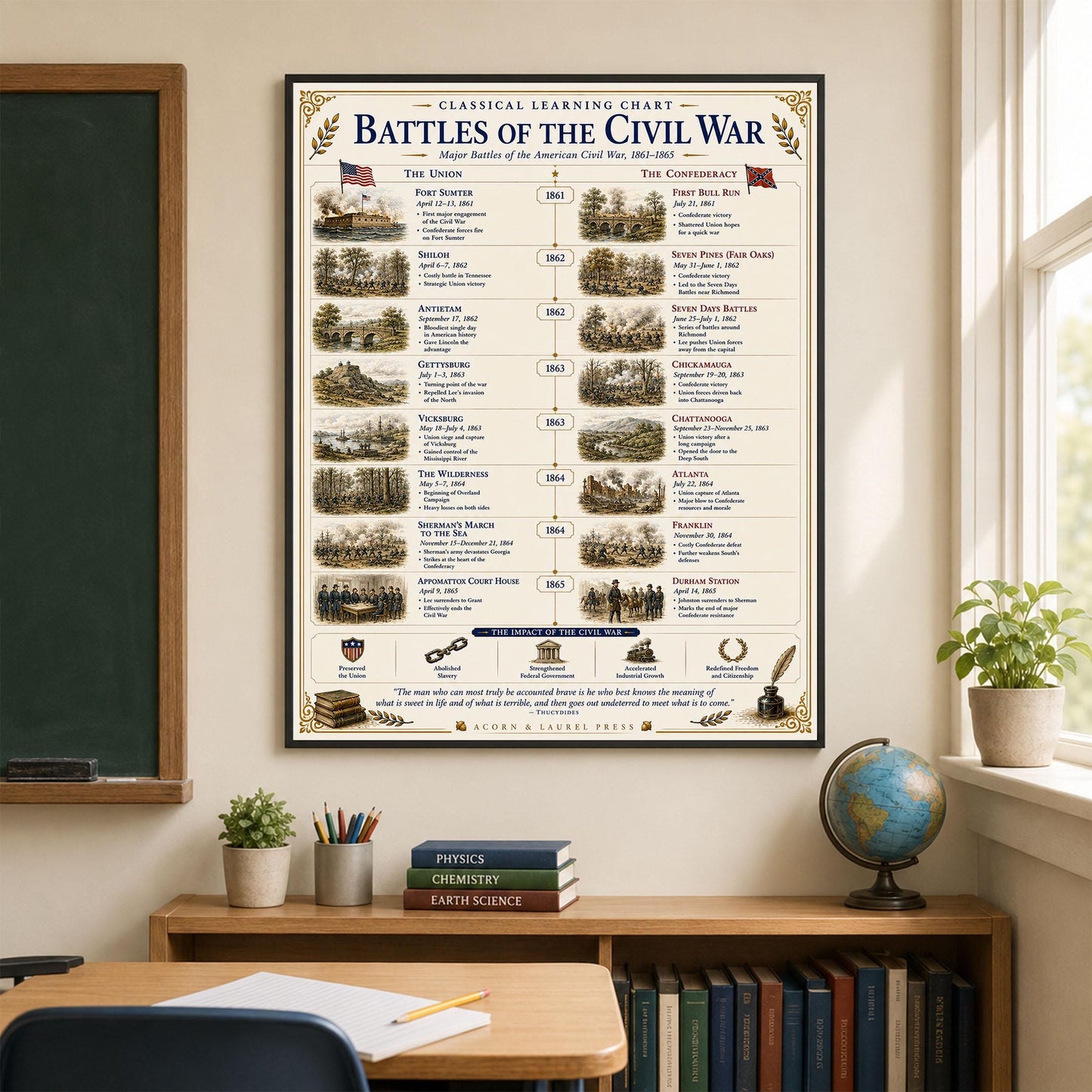 Battles of the Civil War Chart Wall Art Print, Classical Learning Poster, Teacher Classroom Reference, Homeschool, American History Decor