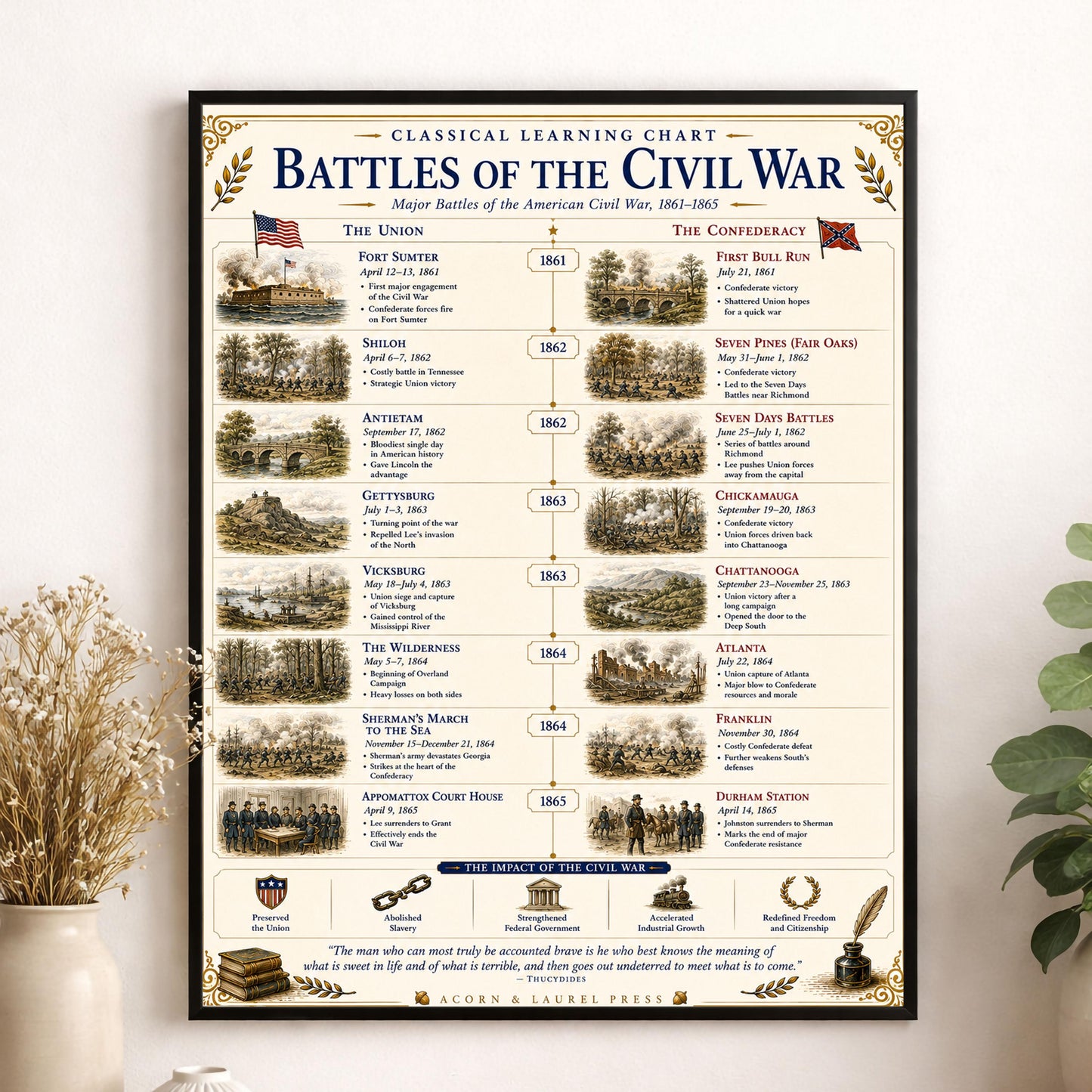 Battles of the Civil War Chart Wall Art Print, Classical Learning Poster, Teacher Classroom Reference, Homeschool, American History Decor