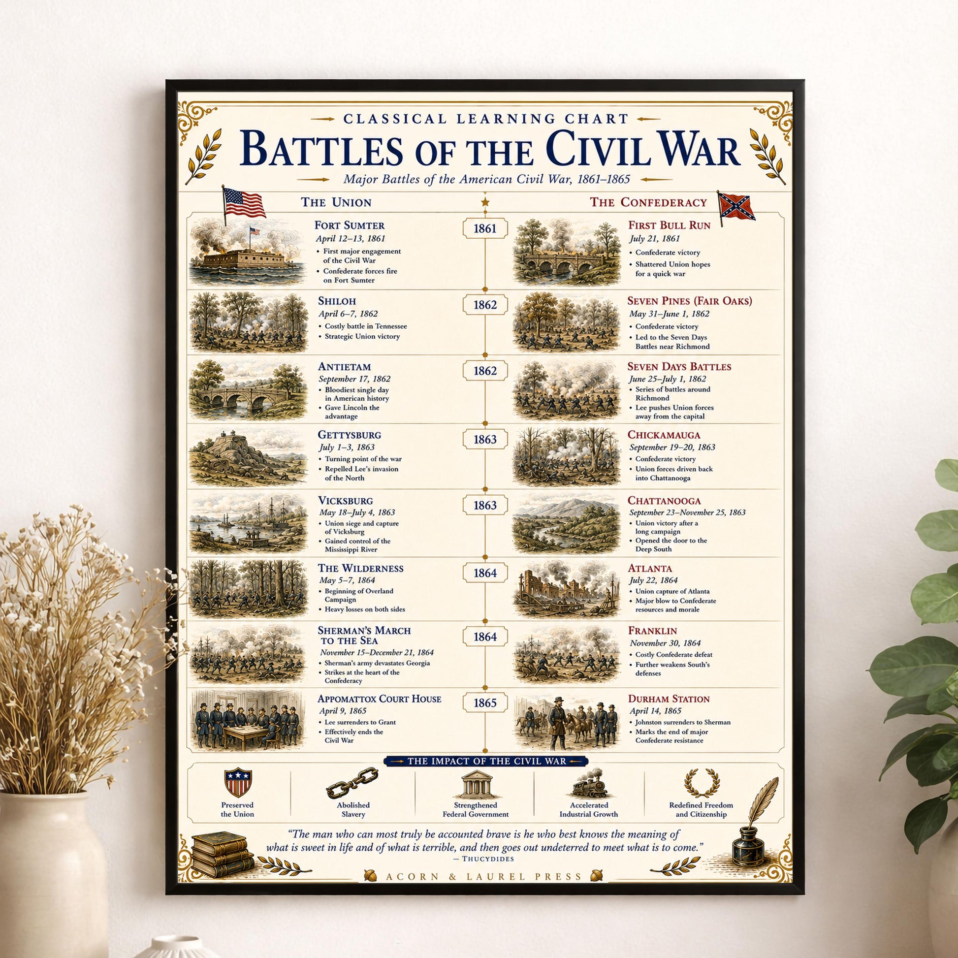 Battles of the Civil War Chart Wall Art Print, Classical Learning Poster, Teacher Classroom Reference, Homeschool, American History Decor