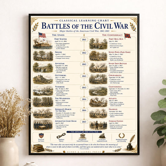 Battles of the Civil War Chart Wall Art Print, Classical Learning Poster, Teacher Classroom Reference, Homeschool, American History Decor