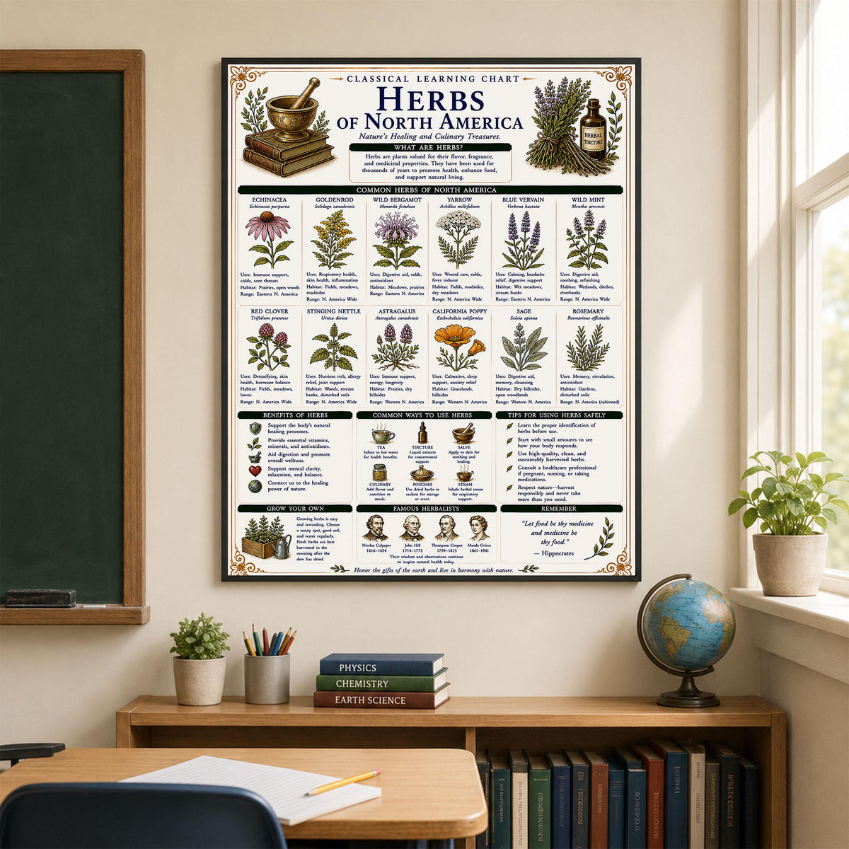 Herbs of North America Chart Wall Art Print, Classical Learning Poster, Teacher Classroom Reference, Homeschool, Botanical Nature Room Decor