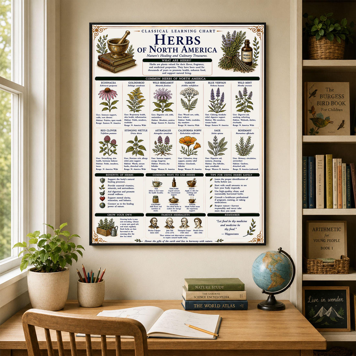Herbs of North America Chart Wall Art Print, Classical Learning Poster, Teacher Classroom Reference, Homeschool, Botanical Nature Room Decor