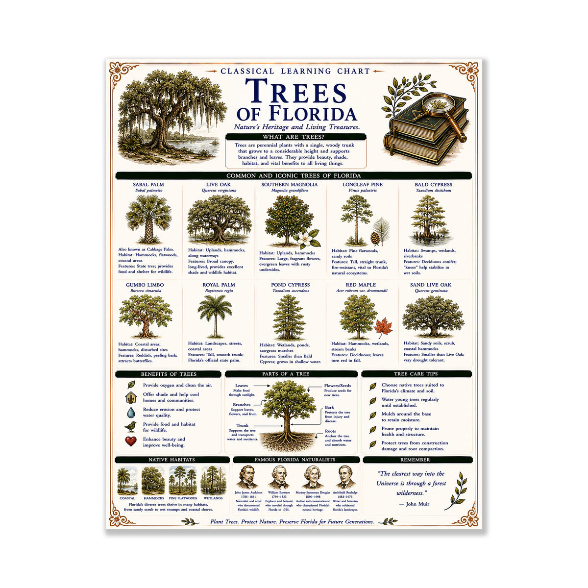Trees of Florida Chart Wall Art Print, Classical Learning Poster, Teacher Classroom Reference, Homeschool, Botanical Nature Room Decor