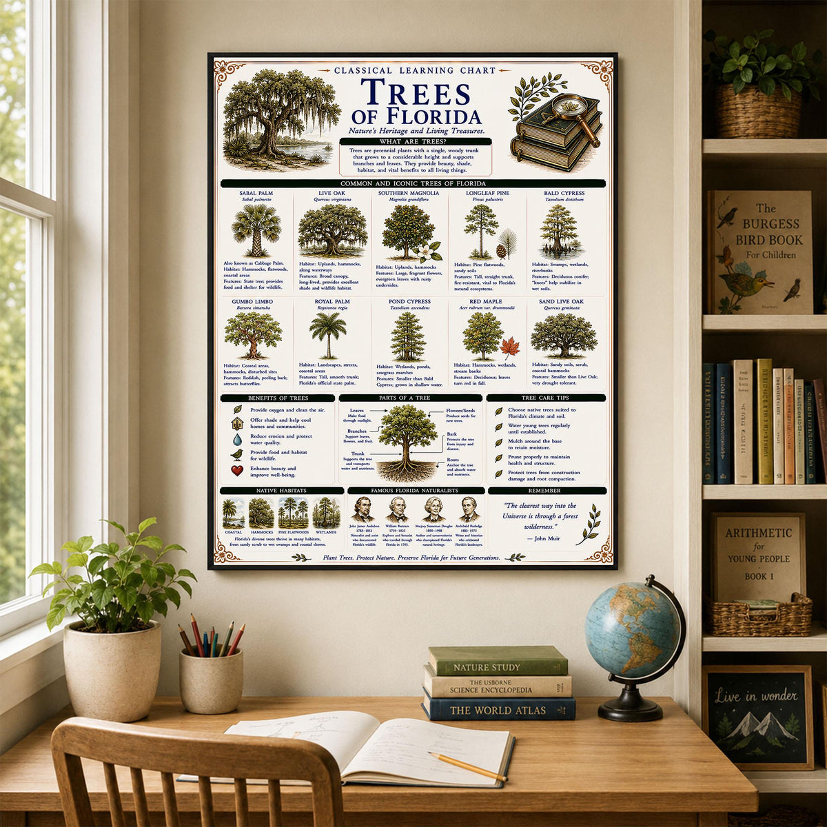 Trees of Florida Chart Wall Art Print, Classical Learning Poster, Teacher Classroom Reference, Homeschool, Botanical Nature Room Decor