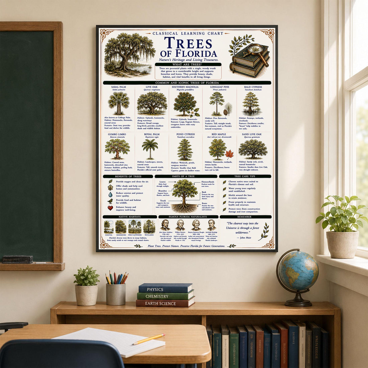 Trees of Florida Chart Wall Art Print, Classical Learning Poster, Teacher Classroom Reference, Homeschool, Botanical Nature Room Decor