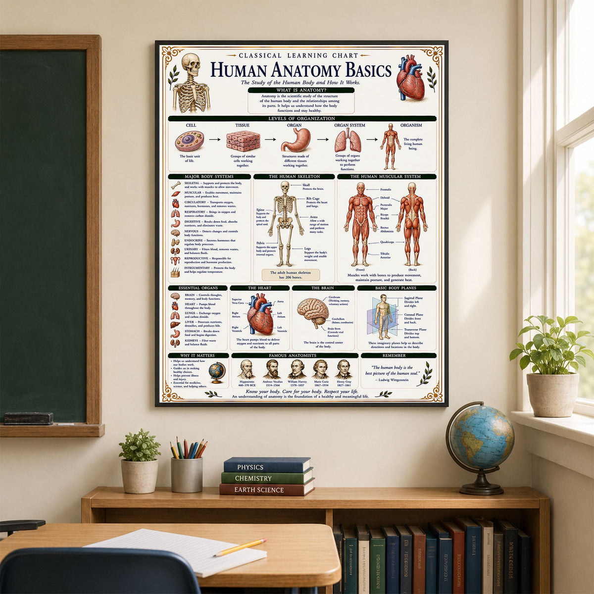 Human Anatomy Basics Chart Wall Art Print, Classical Learning Poster, STEM Teacher Classroom Reference, Homeschool, Science Room Decor