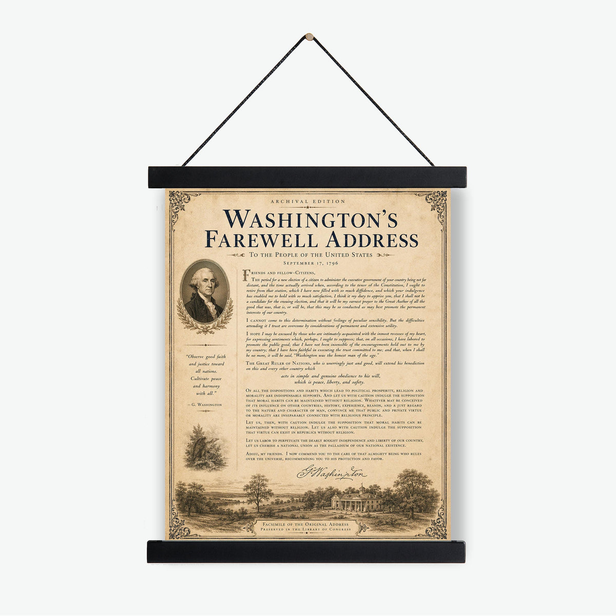 George Washington's Farewell Address Wall Art Print | American Revolution | Patriotic Americana | Vintage Historical Home Decor