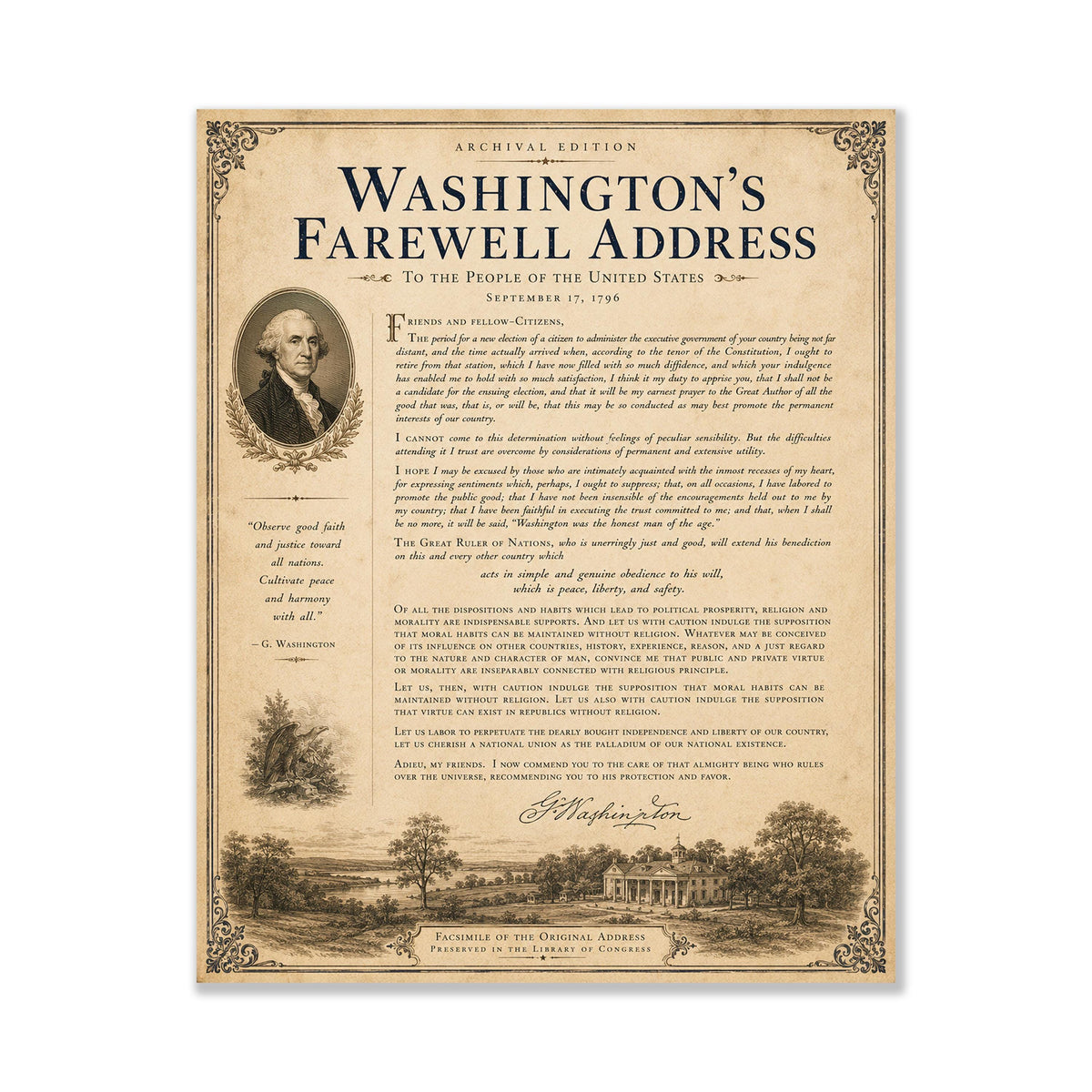 George Washington's Farewell Address Wall Art Print | American Revolution | Patriotic Americana | Vintage Historical Home Decor