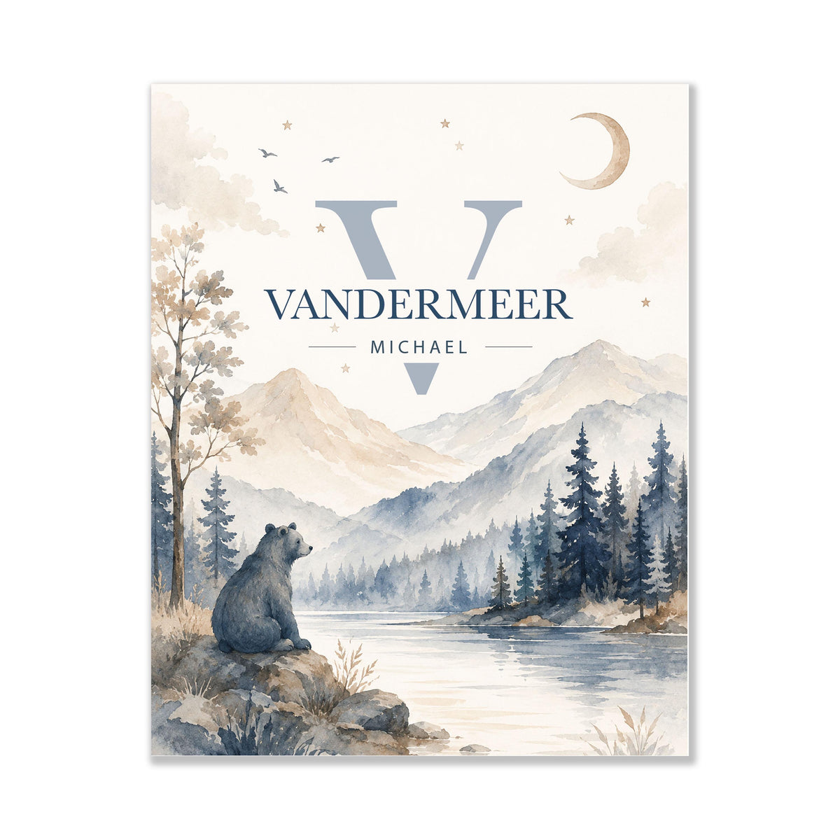Personalized Bear Name Nursery Wall Art Print | Children’s Home Decor | Custom | For Boy | Kids | Mountain Woodland Bear | Family Artwork