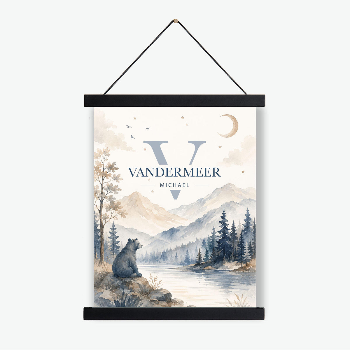 Personalized Bear Name Nursery Wall Art Print | Children’s Home Decor | Custom | For Boy | Kids | Mountain Woodland Bear | Family Artwork