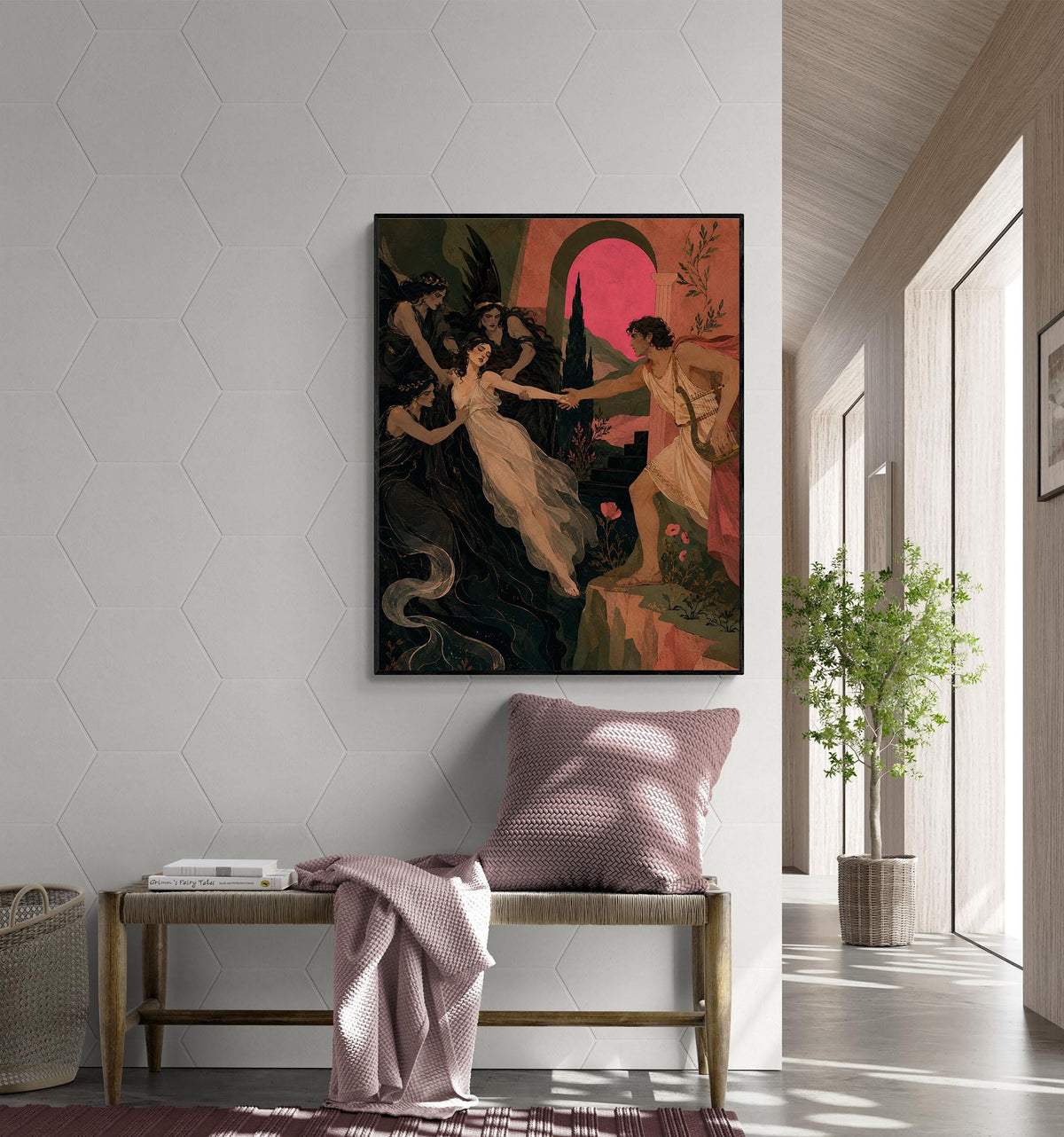 Orpheus and Eurydice Art Print | Ancient Greek Mythology | Classic | Literary | Gods and Goddess Myth | Room | Home Decor Pink Poster