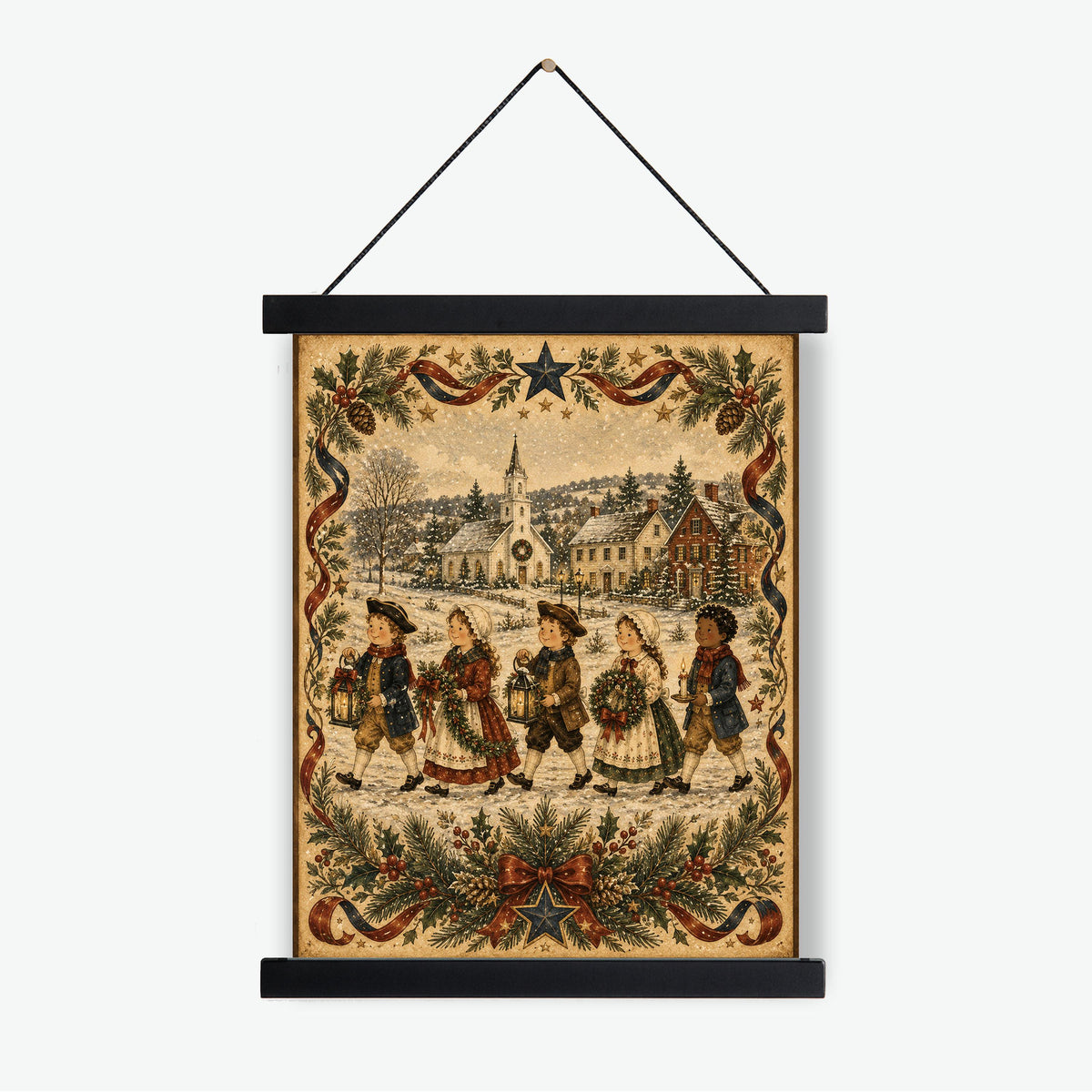 Colonial Christmas Carolers Art Print | Primitive Folk Art Holiday Wall Decor | Vintage Winter Village Christmas Decoration
