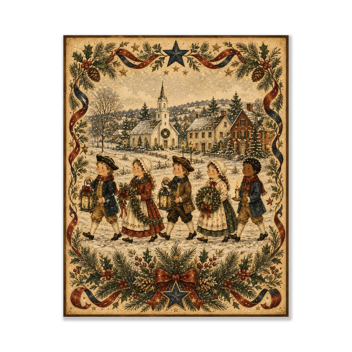 Colonial Christmas Carolers Art Print | Primitive Folk Art Holiday Wall Decor | Vintage Winter Village Christmas Decoration