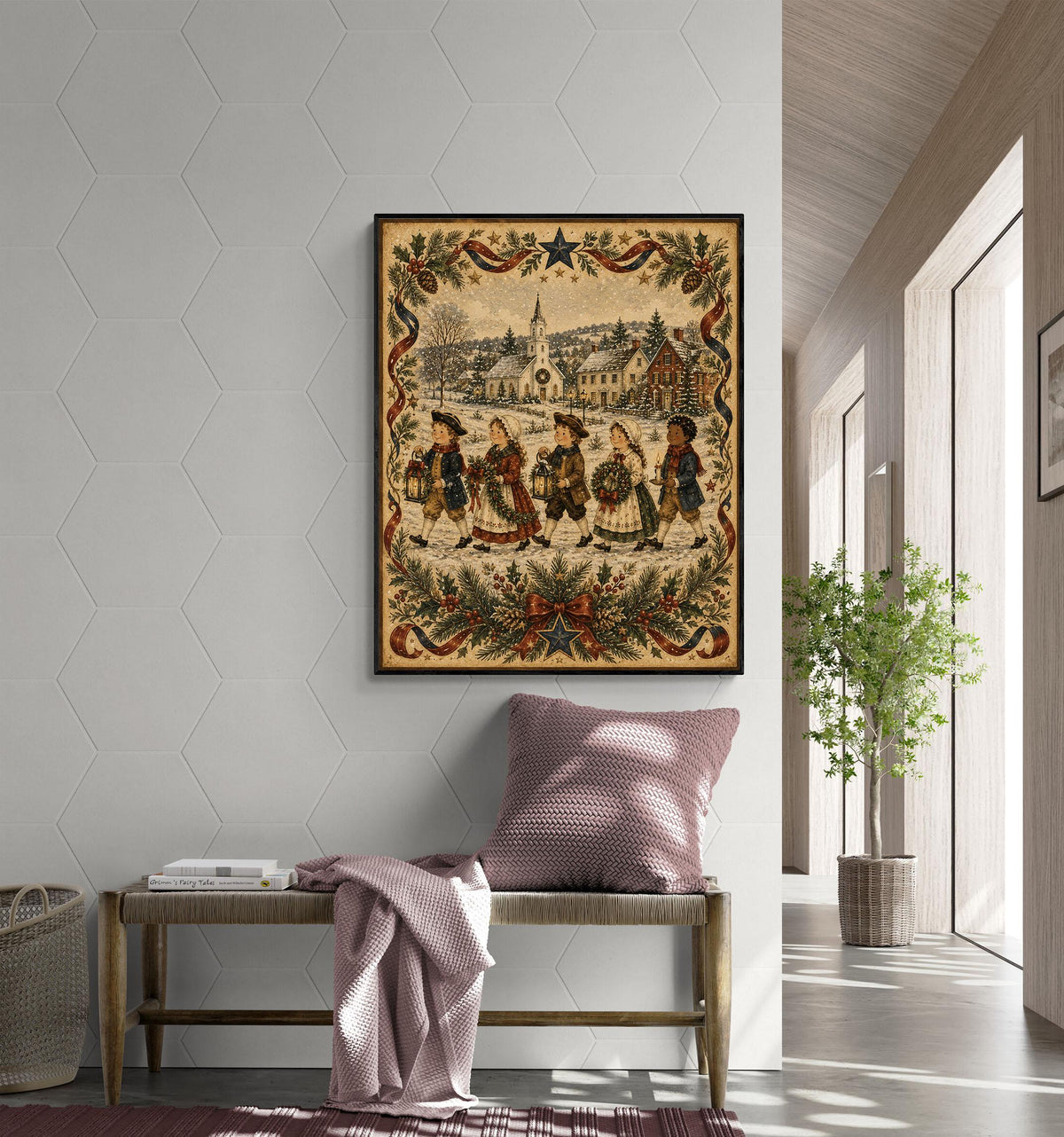 Colonial Christmas Carolers Art Print | Primitive Folk Art Holiday Wall Decor | Vintage Winter Village Christmas Decoration