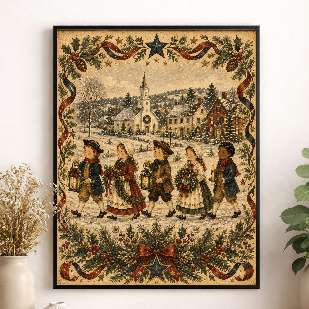 Colonial Christmas Carolers Art Print | Primitive Folk Art Holiday Wall Decor | Vintage Winter Village Christmas Decoration
