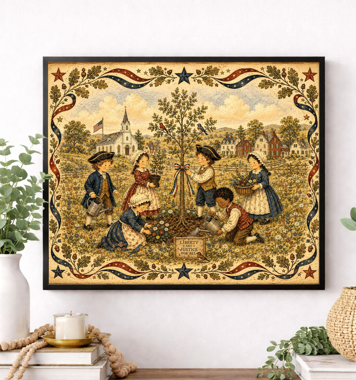 Patriotic Folk Art Liberty Tree Planting Print | Americana Colonial Children Wall Art | Liberty and Justice Rustic Landscape Decor