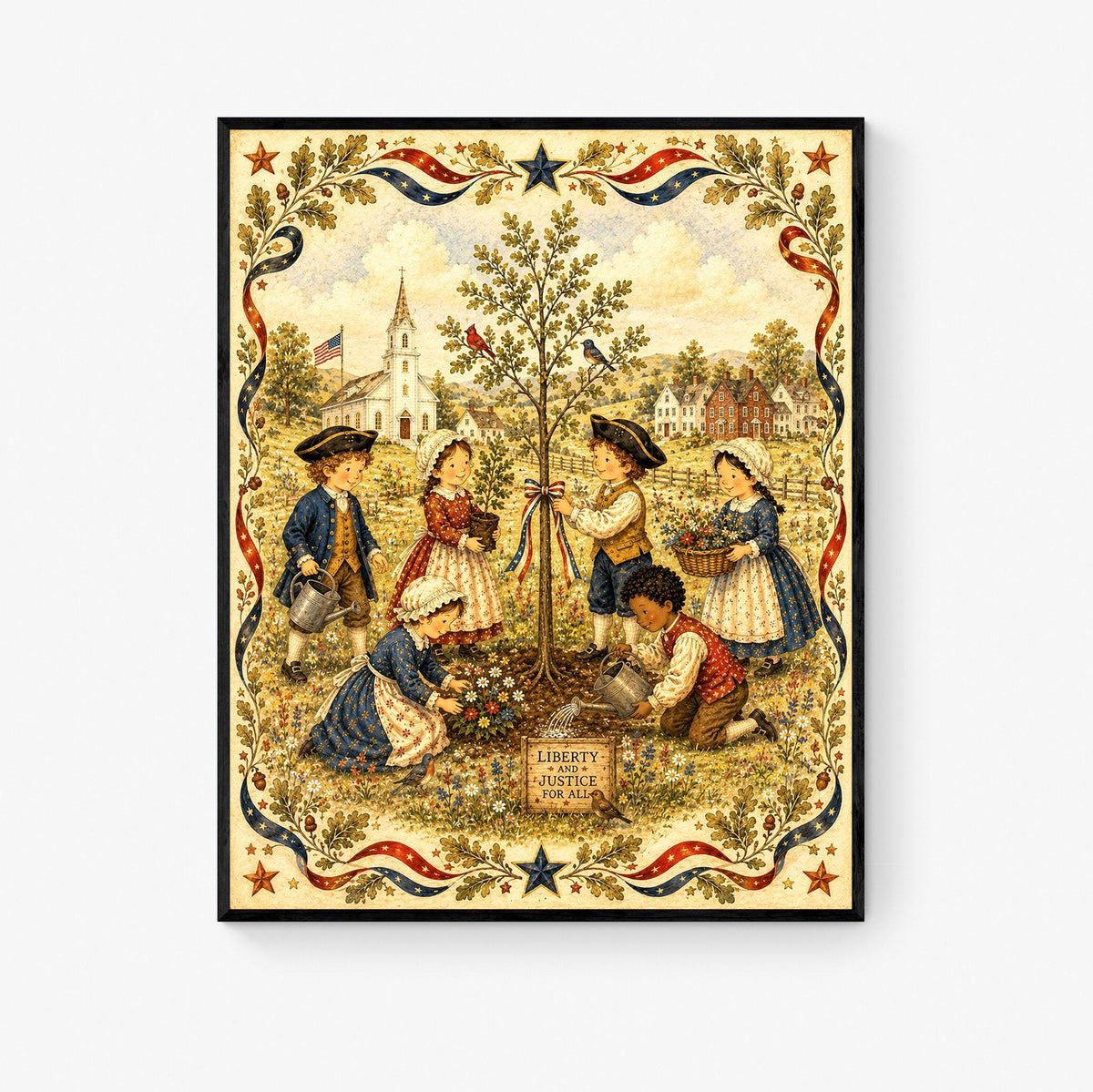 Patriotic Folk Art Liberty Tree Planting Print | Americana Colonial Children Wall Art | Liberty and Justice Rustic Landscape Decor Landscape