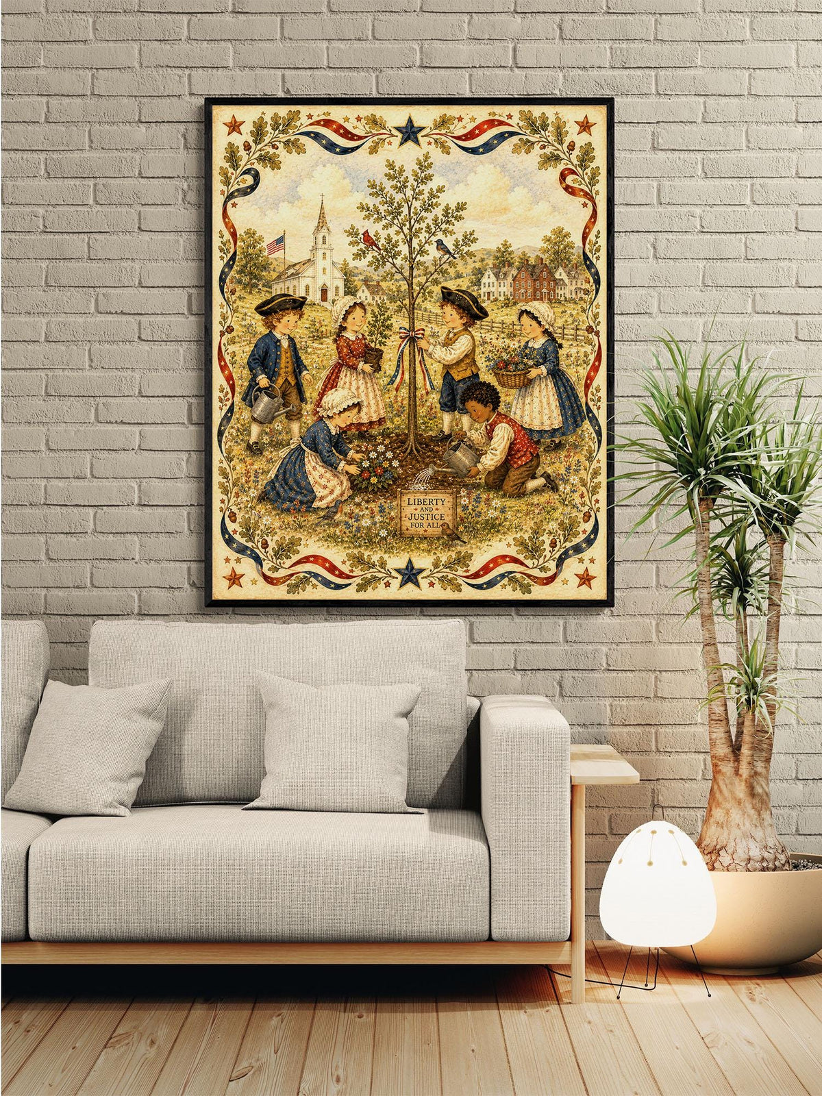 Patriotic Folk Art Liberty Tree Planting Print | Americana Colonial Children Wall Art | Liberty and Justice Rustic Landscape Decor Landscape