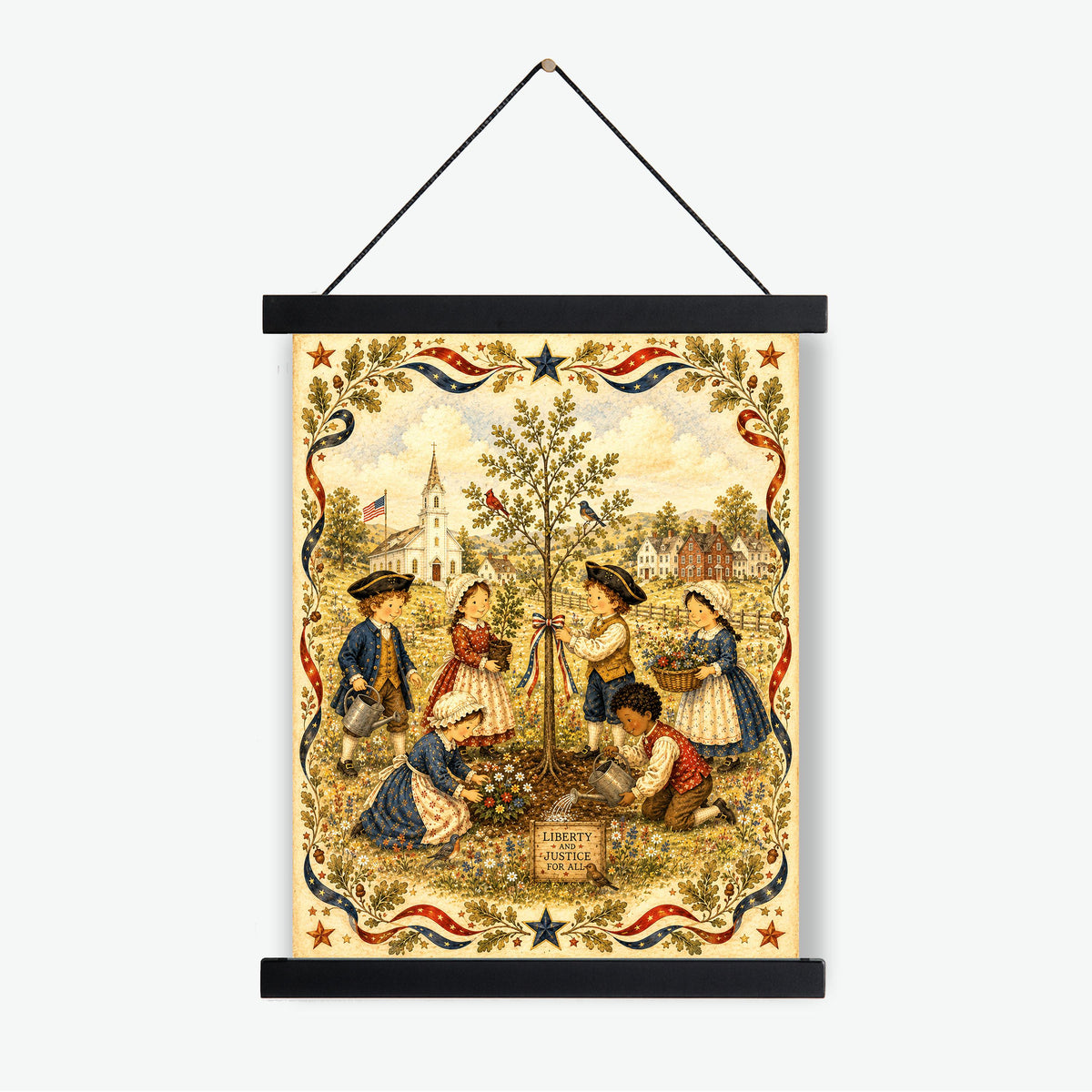 Patriotic Folk Art Liberty Tree Planting Print | Americana Colonial Children Wall Art | Liberty and Justice Rustic Landscape Decor Landscape