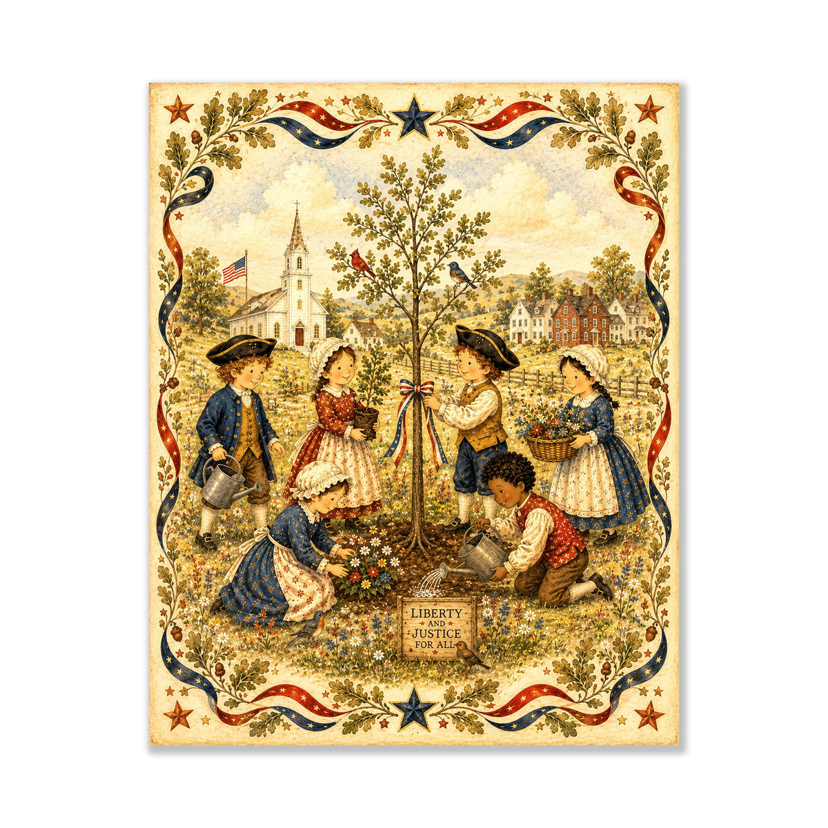 Patriotic Folk Art Liberty Tree Planting Print | Americana Colonial Children Wall Art | Liberty and Justice Rustic Landscape Decor Landscape
