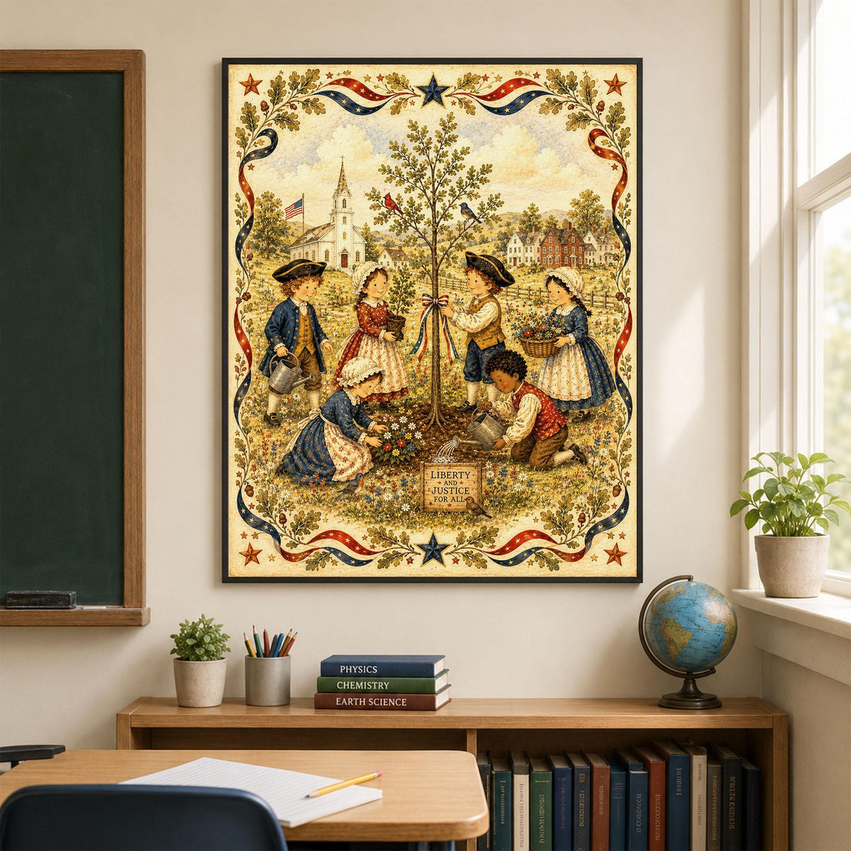 Patriotic Folk Art Liberty Tree Planting Print | Americana Colonial Children Wall Art | Liberty and Justice Rustic Landscape Decor Landscape