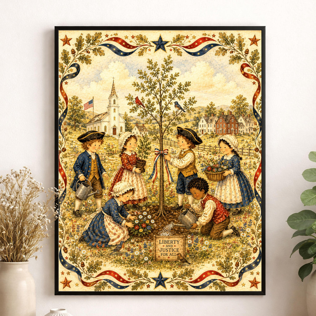 Patriotic Folk Art Liberty Tree Planting Print | Americana Colonial Children Wall Art | Liberty and Justice Rustic Landscape Decor Landscape