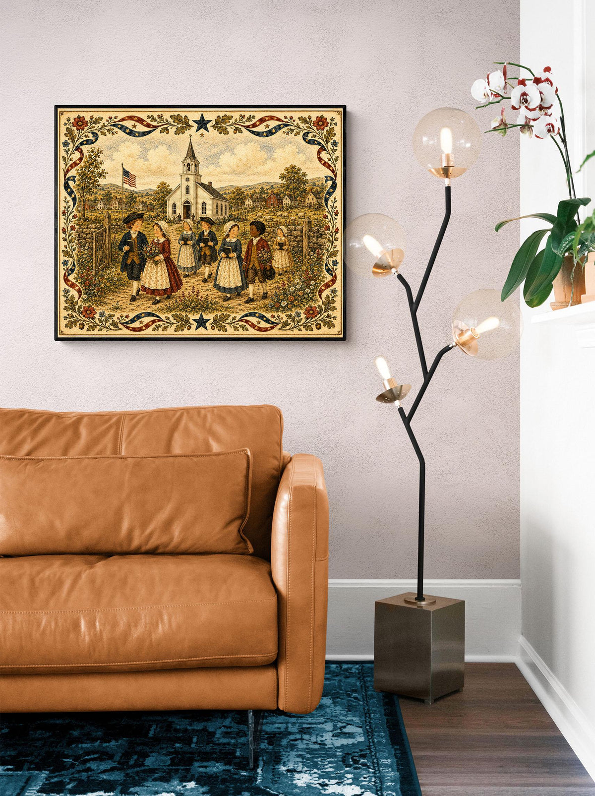 Colonial Church Landscape Art Print | Americana Folk Art Wall Decor | Patriotic Country Village | Nostalgic Heritage Gift