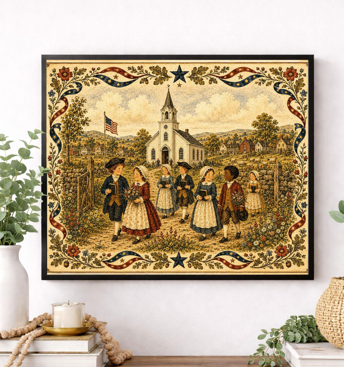 Colonial Church Landscape Art Print | Americana Folk Art Wall Decor | Patriotic Country Village | Nostalgic Heritage Gift